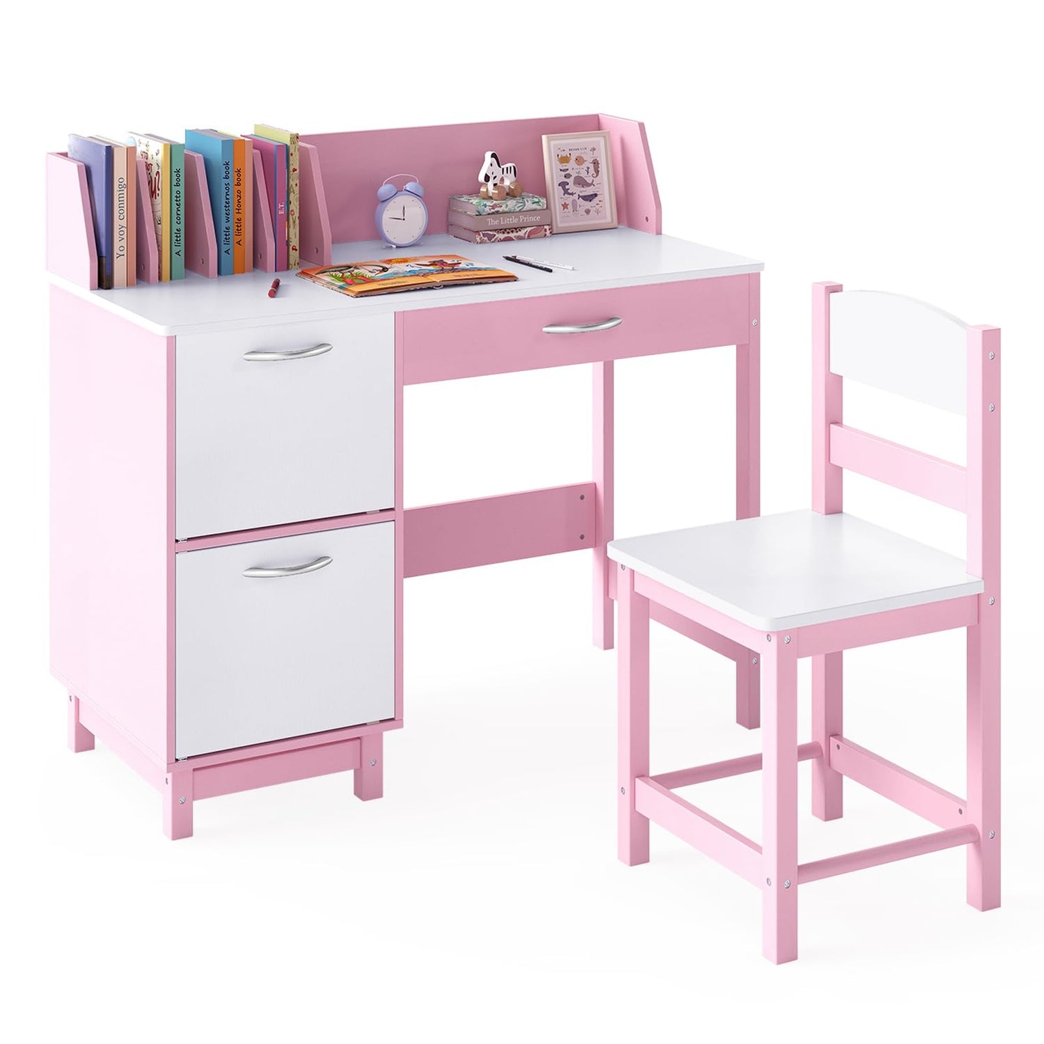 Kid's Study Desk and Chair Set with Deep Drawer and Enclosed Cabinets