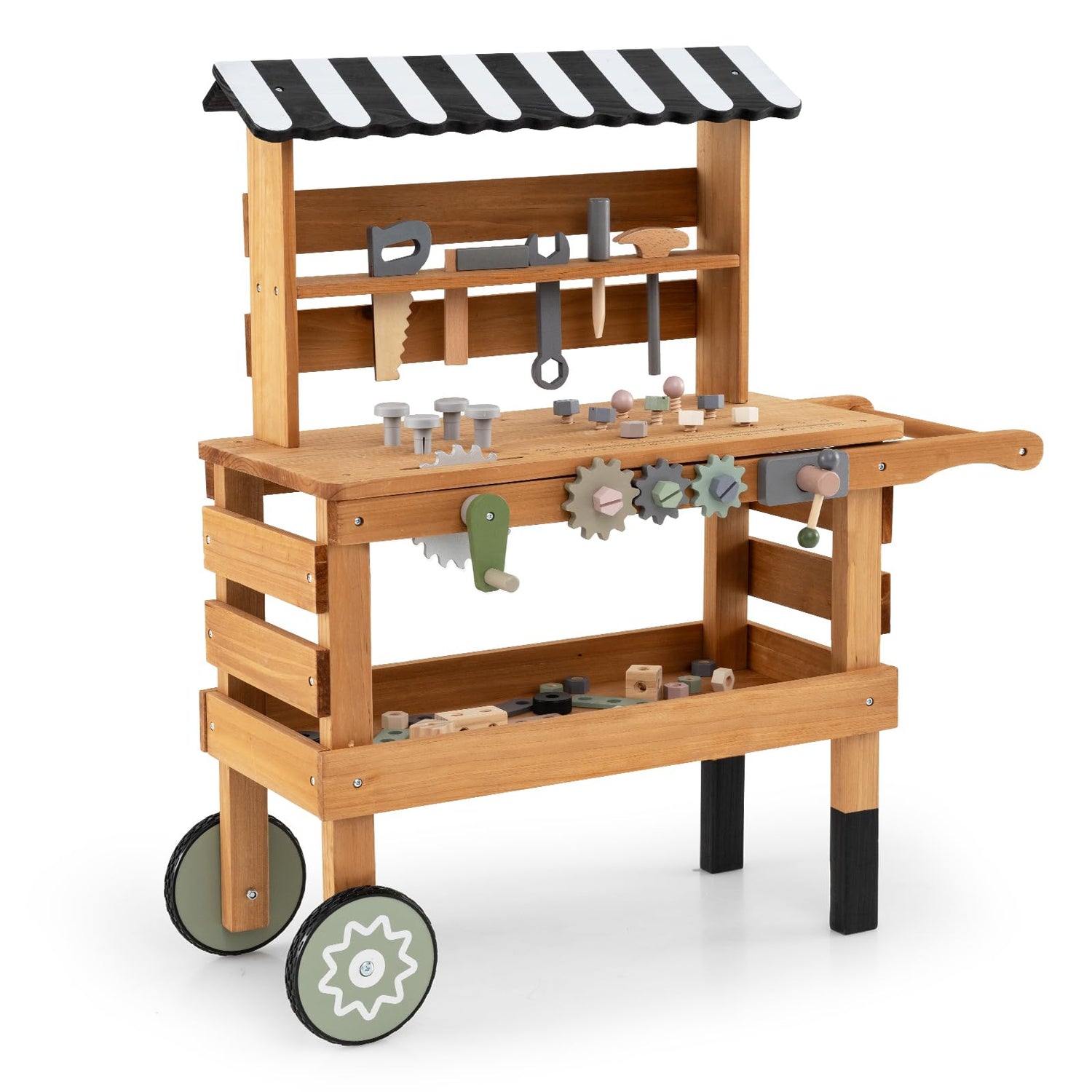 2-in-1 Toddler Workbench Rolling Cart with Play Tools Set
