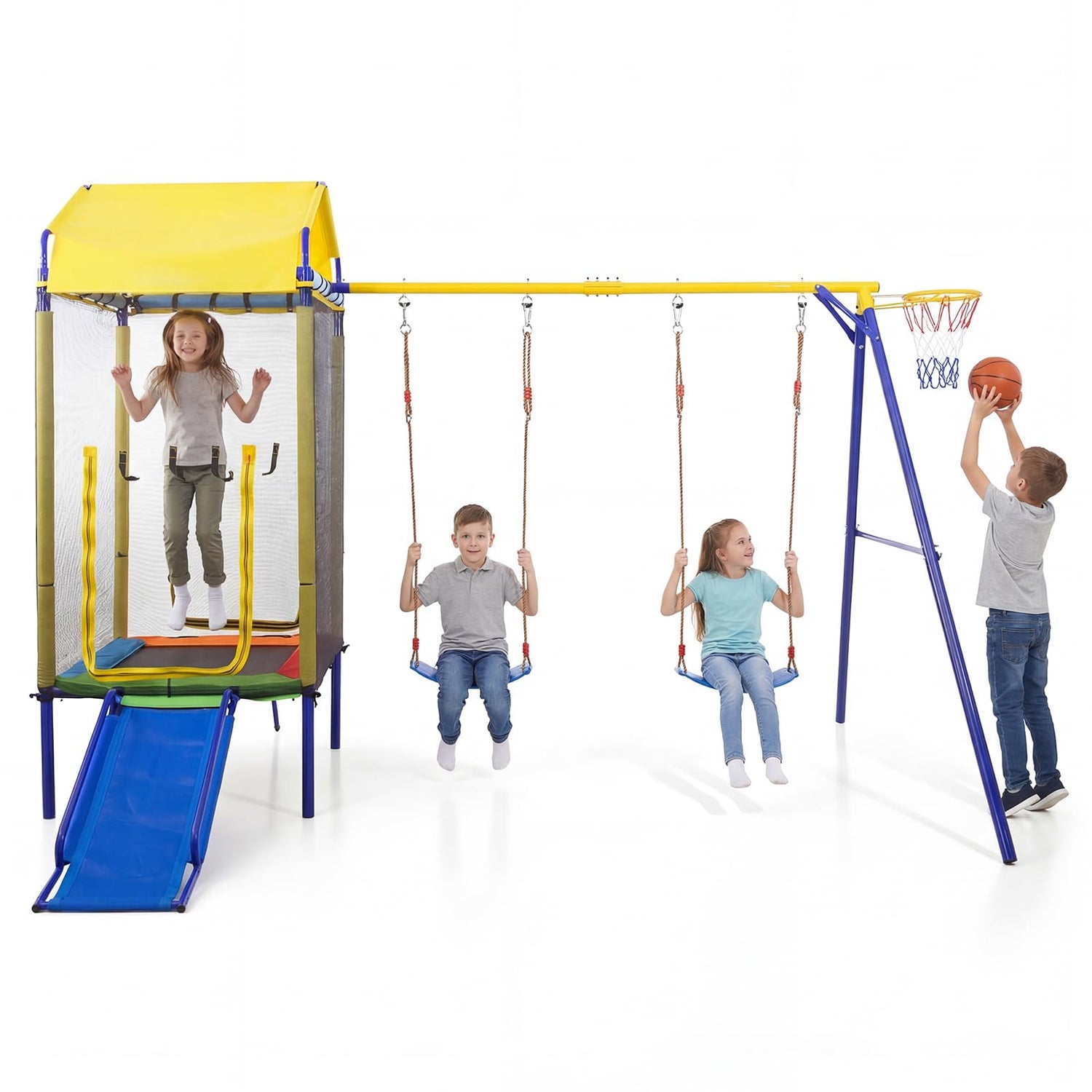 5-in-1 Kids Swing Set, Heavy-duty Metal Swing Stand with Trampoline, Roof, 2 Belt Swings