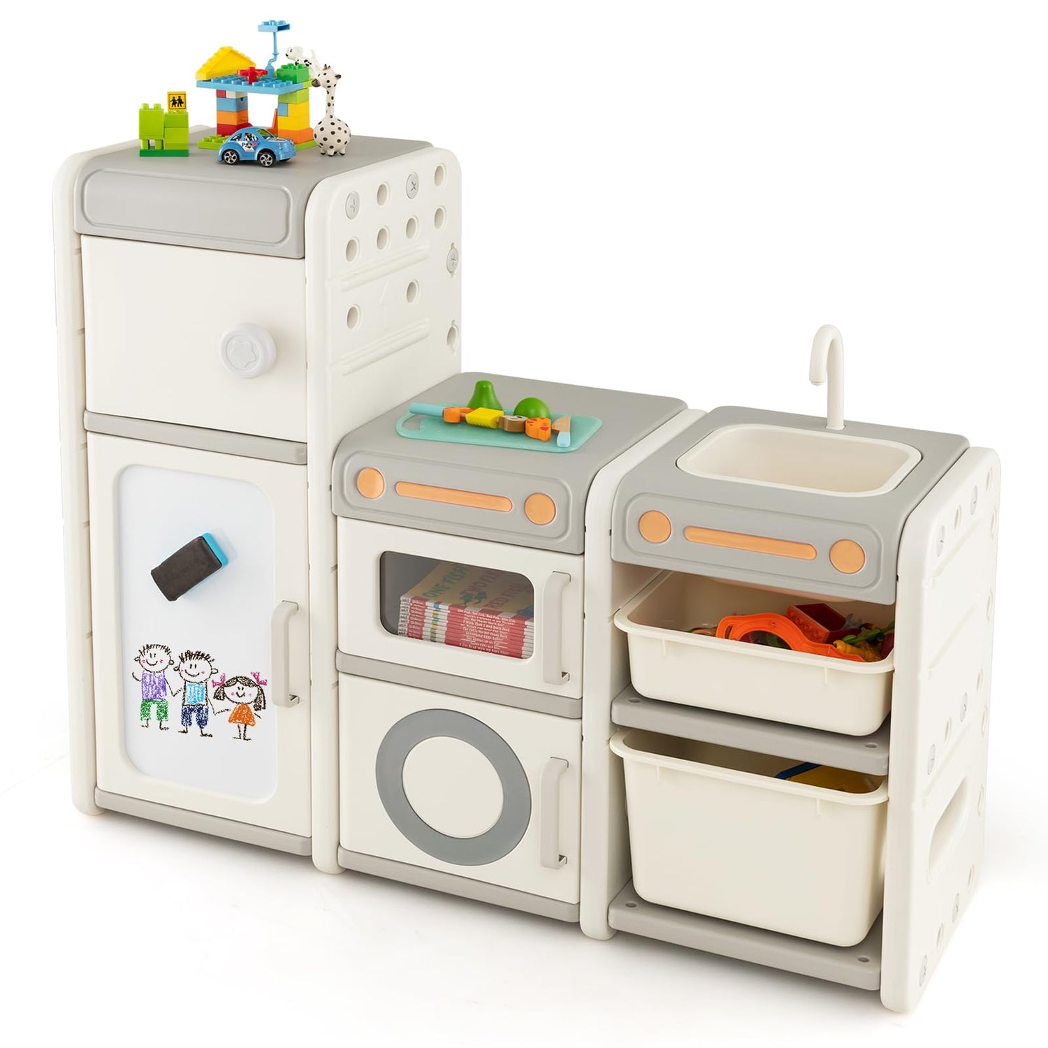 GYMAX Kids Storage Unit, Toddler Toy Organizer with Large Bins, Pull-Out Drawers & Enclosed Cabinets (Beige+Grey, Kitchen Shape: 116 x 38 x 98 cm)