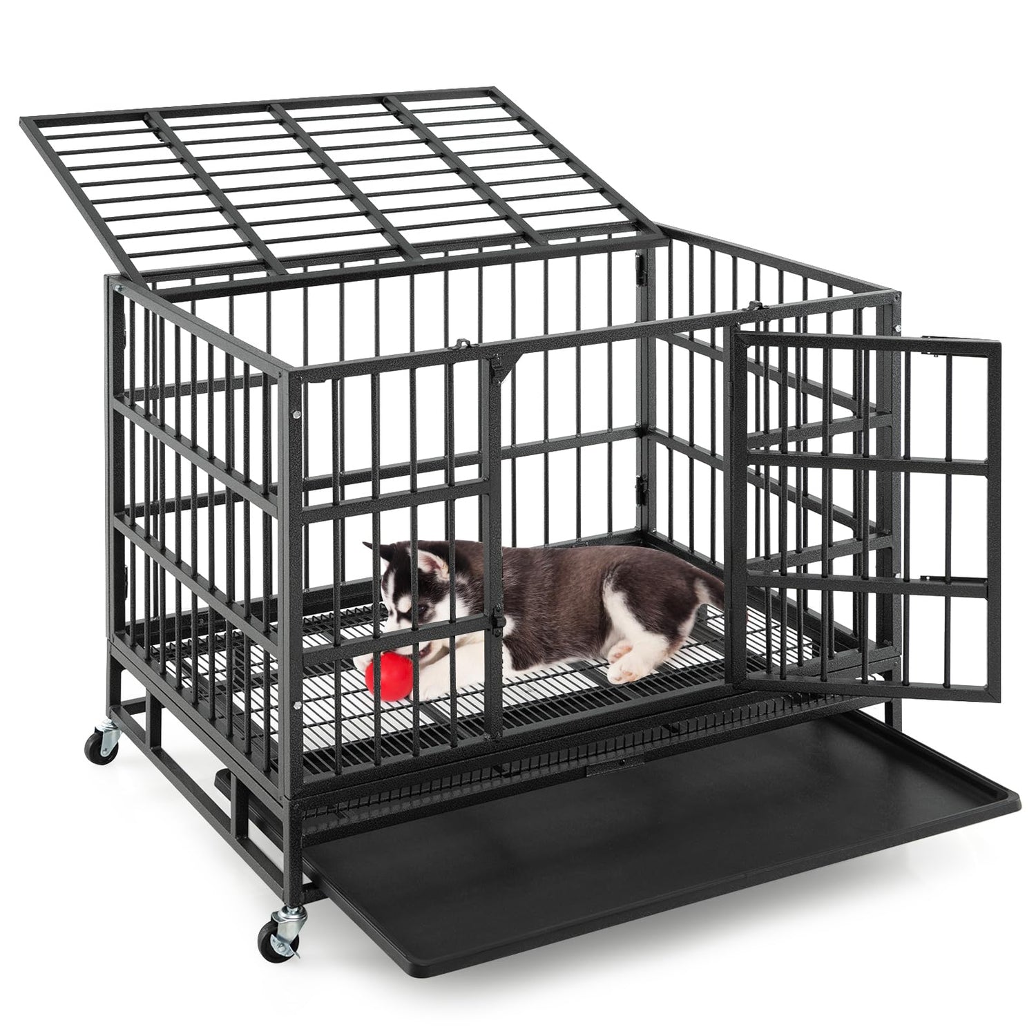 GYMAX 38" Heavy-Duty Dog Crate, Foldable Dog Kennel Crate Lockable Wheels & Doors (96 x 65 x 77cm)