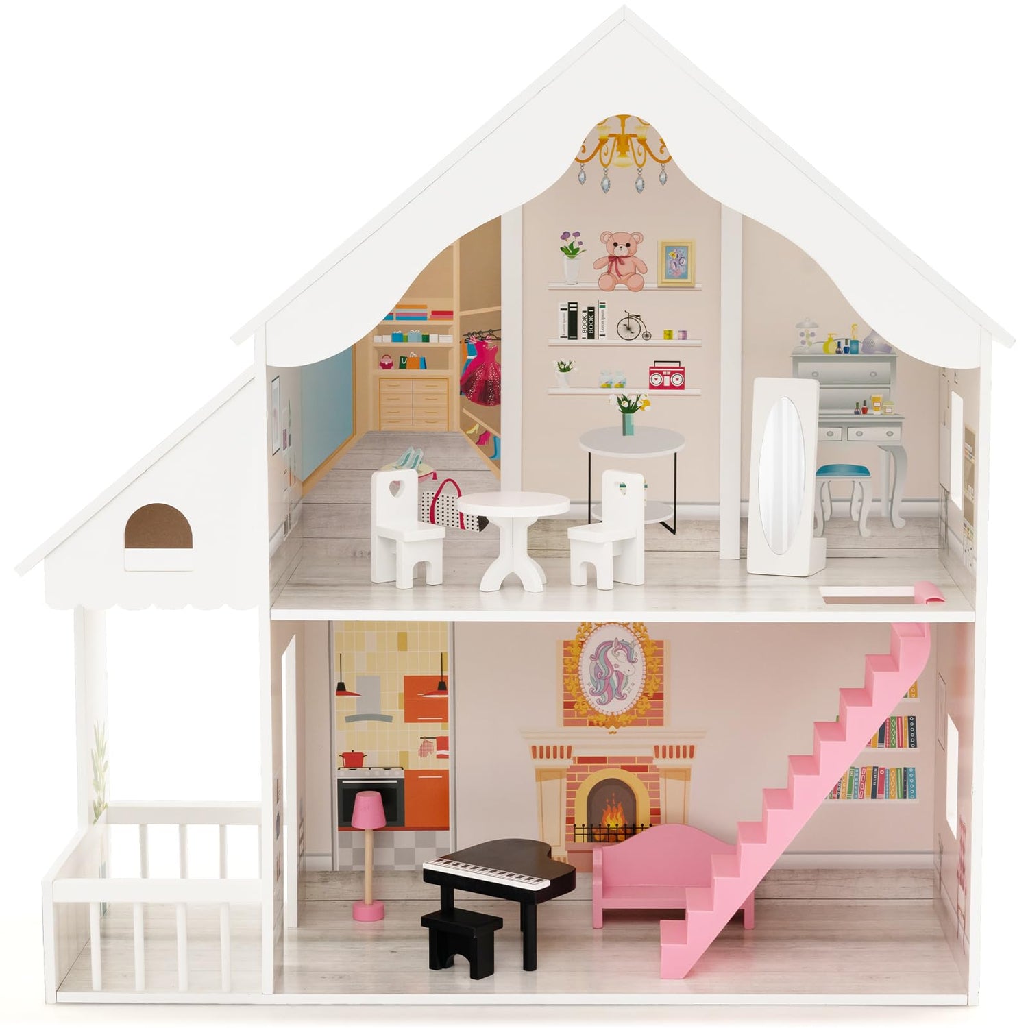 GYMAX Wooden Kids Dollhouse, 2-Level Fully Furnished House Playset with Simulated Rooms & Furniture Accessories