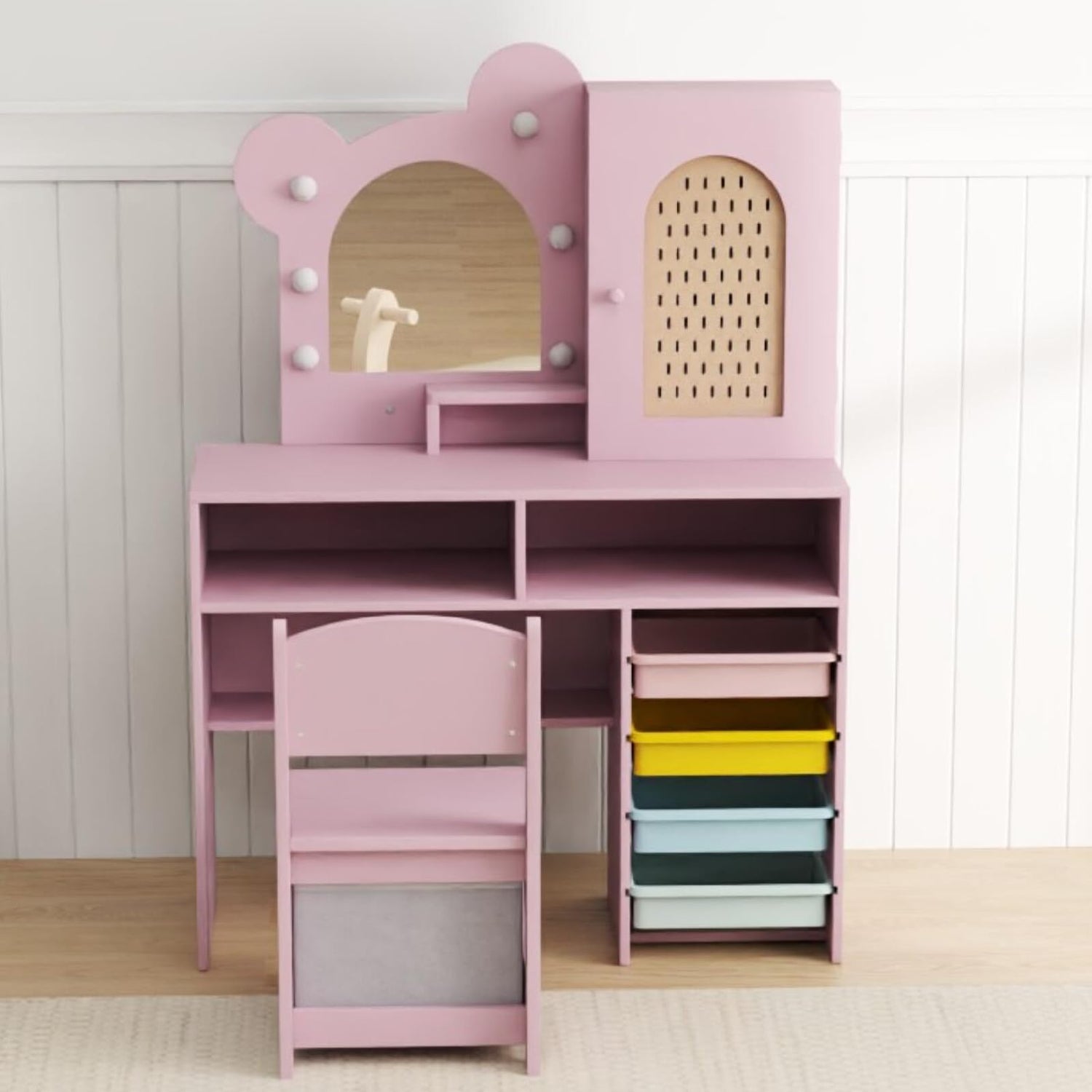 Kids Vanity Set, Girls Dressing Table with 3-Color LED Lights Mirror