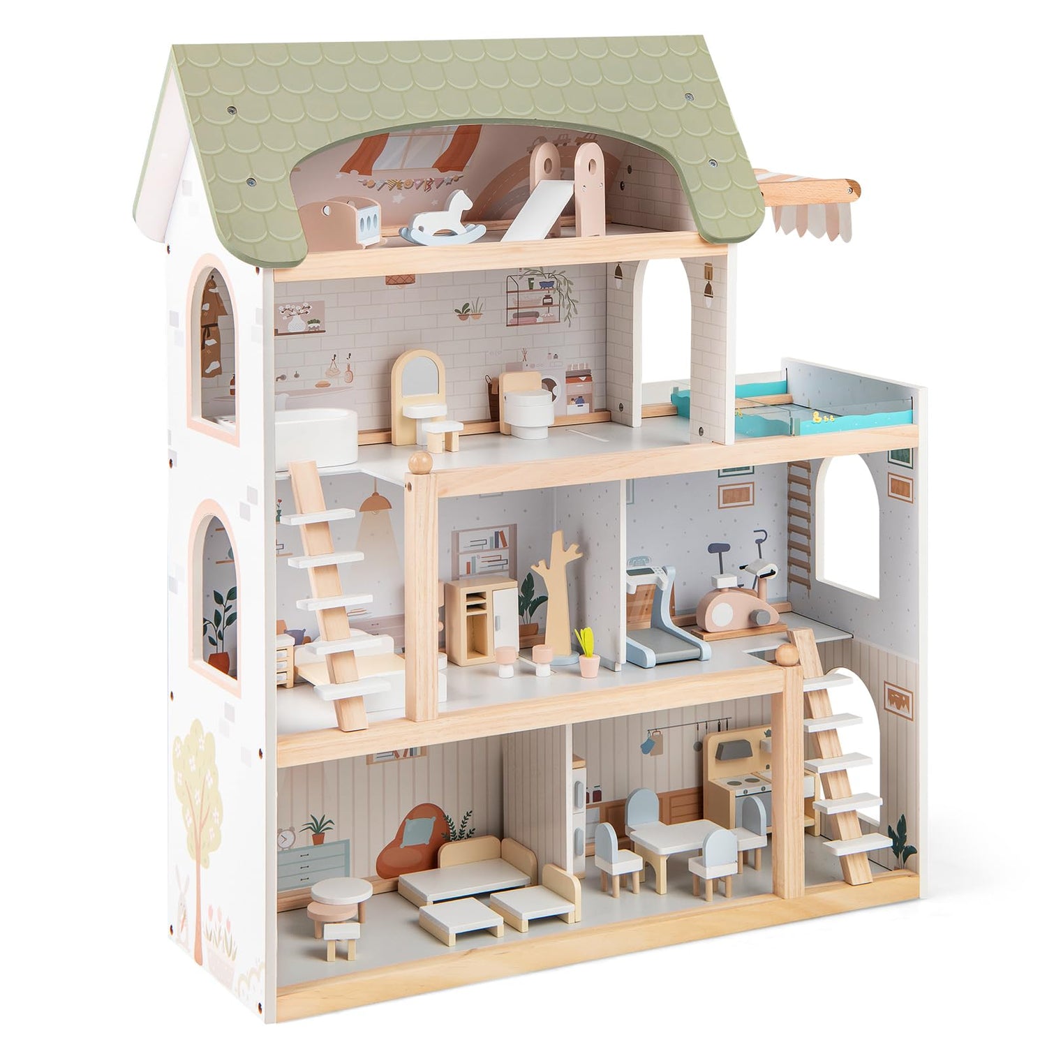 Wooden Dollhouse with 33 PCS Furniture Accessories for Girls and Boys