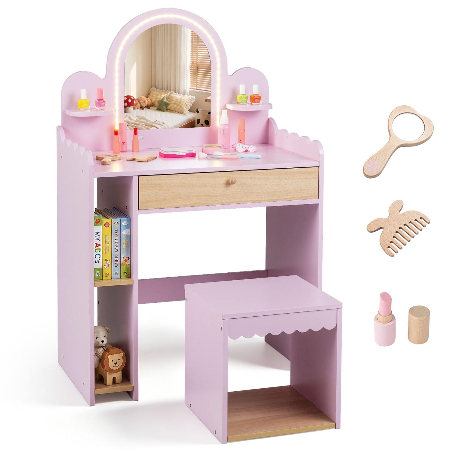 Kids Vanity Table and Chair Set, Girls Dressing Table