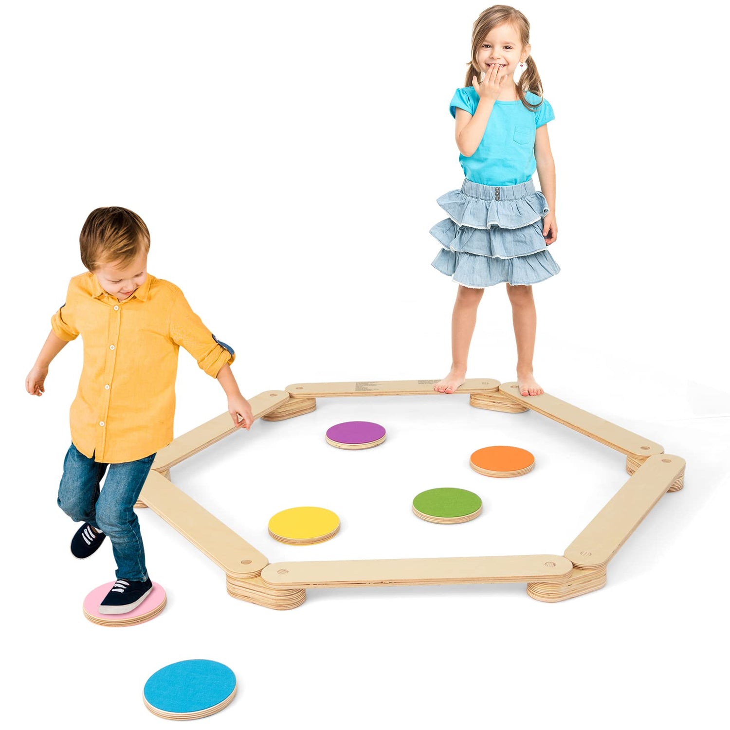 GYMAX Wooden Balance Beam, 12 Pcs Balance Board with Colorful Stepping Stones, Outdoor Indoor Toddler Obstacle Course for Kids 3-7 Years Old