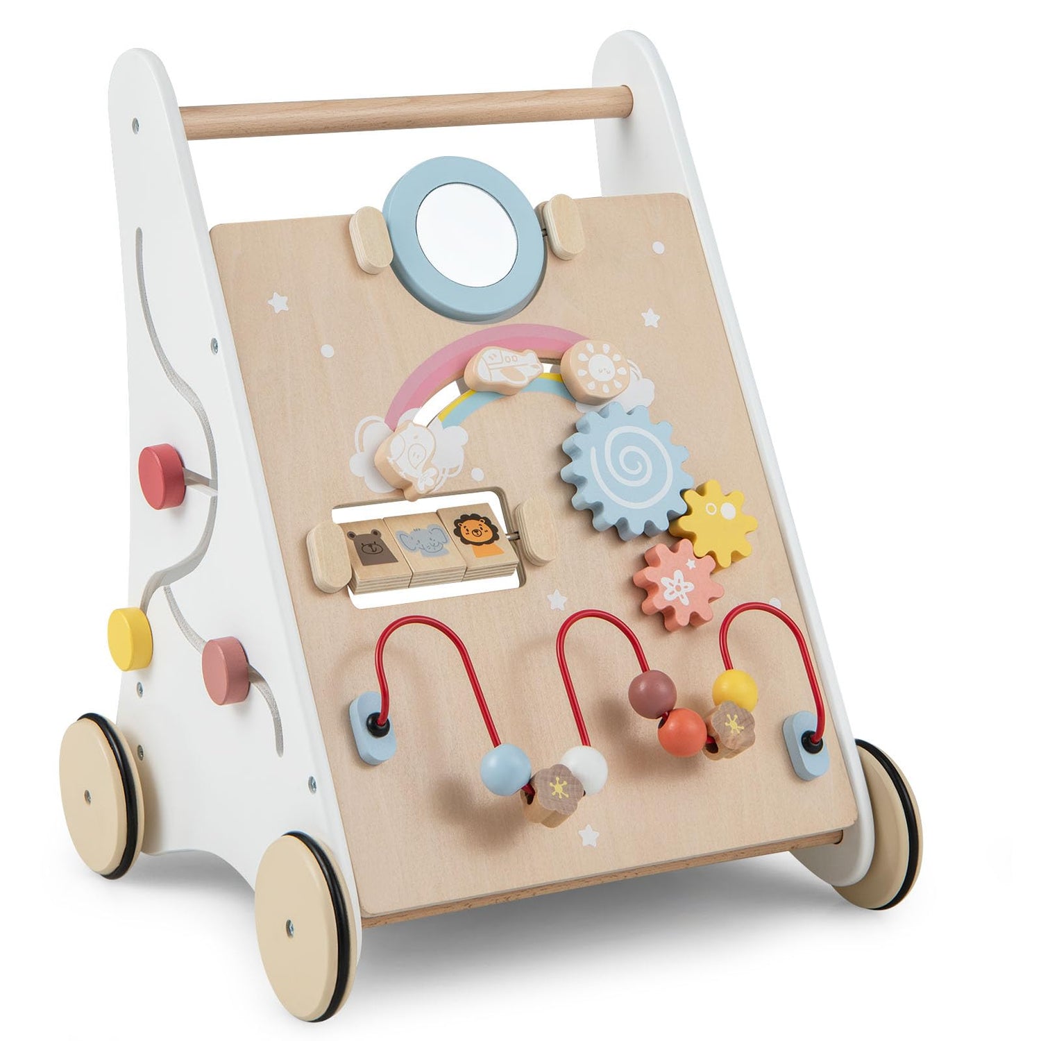 GYMAX Wooden Baby Walker, 7-in-1 Toddler First Step Activity Interactive Push Along Toy