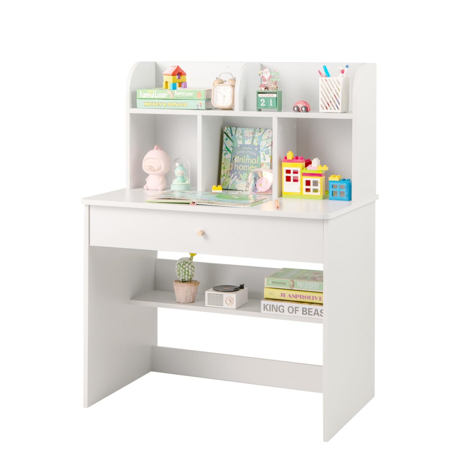 Kids Wooden Study Desk with Drawer and Storage Shelf