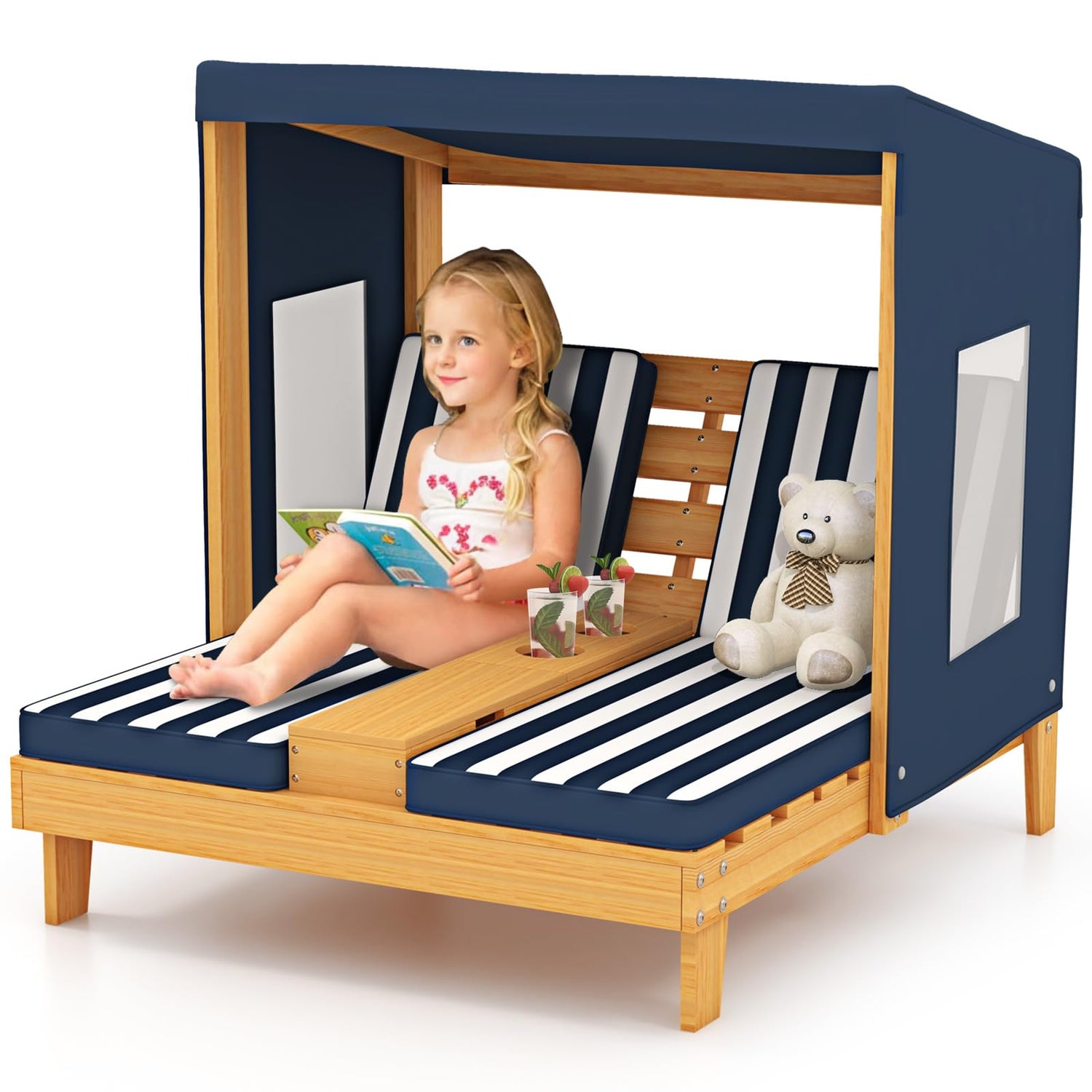GYMAX Kids Double Sun Lounger, 2-Seater Garden Lounge Chair with Canopy