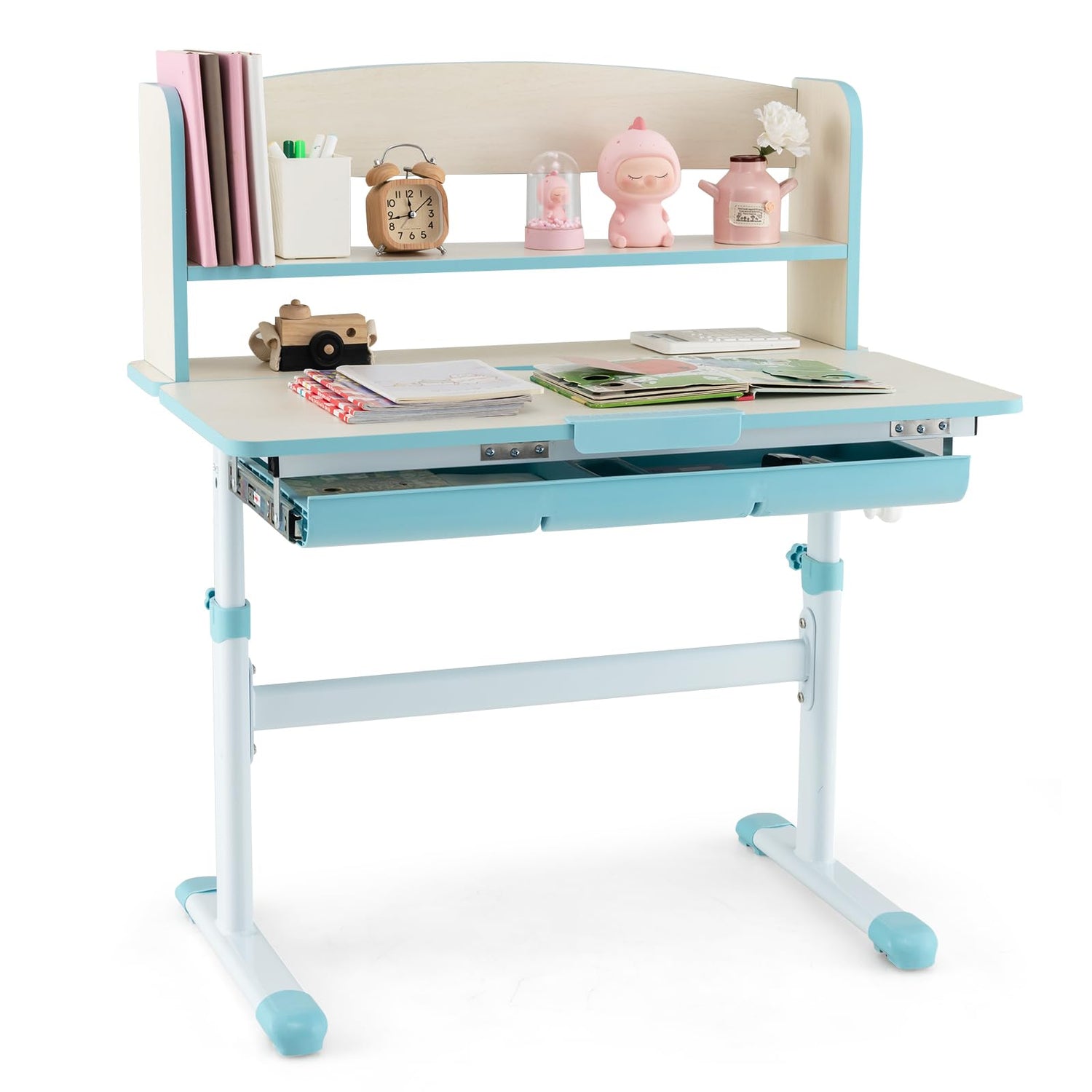 GYMAX Kids Desk, Height Adjustable Study Table with 7-Level Tiltable Desktop