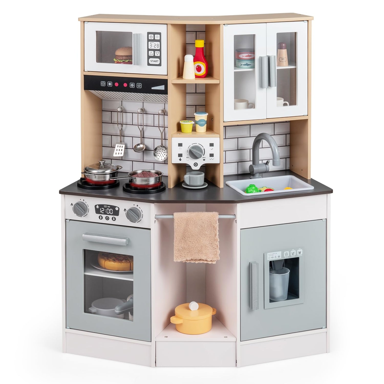 Wooden Kitchen Playset with Sound and Light for Boys Girls