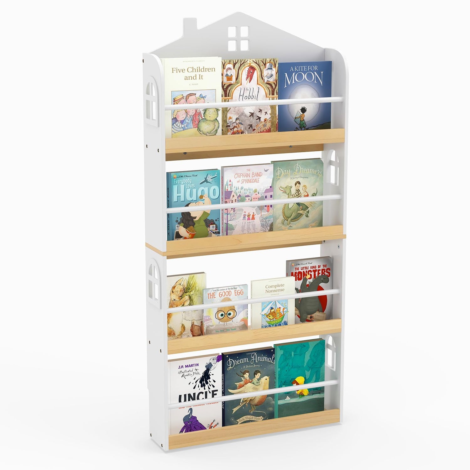Kids Bookshelf, 4-Tier Book Display Rack with Anti-Falling Baffles