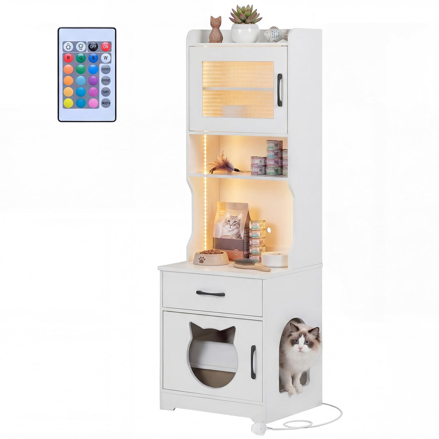 Wooden Cat House with Adjustable LED Light, Charging Station, Storage Shelves, Drawer