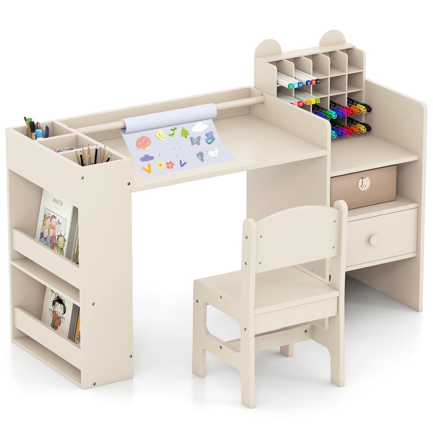 Wooden Toddler Craft Desk with Removable Paper Roll Holder & Cubby Cabinet