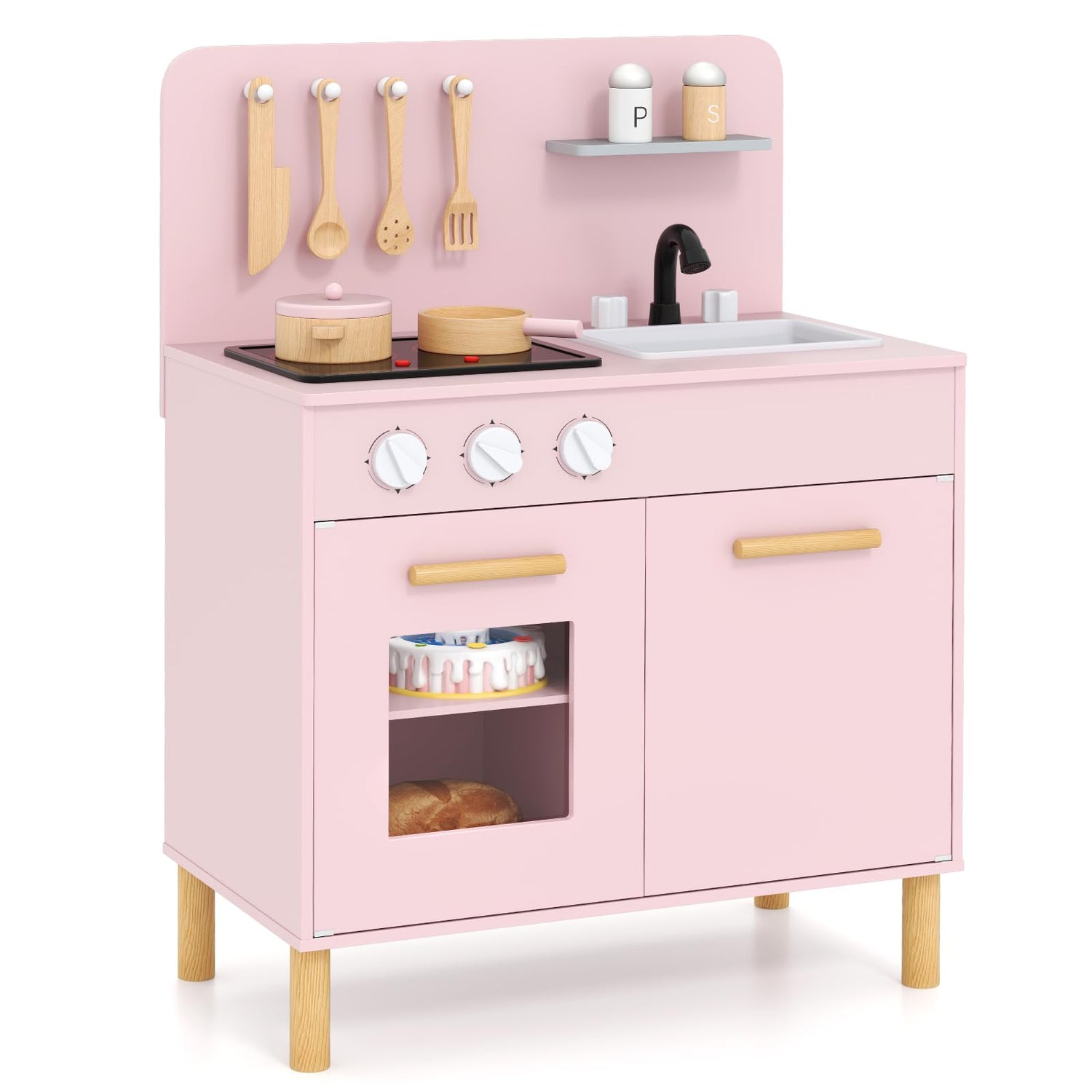 GYMAX Kids Play Kitchen, Wooden Toy Kitchen with Sound