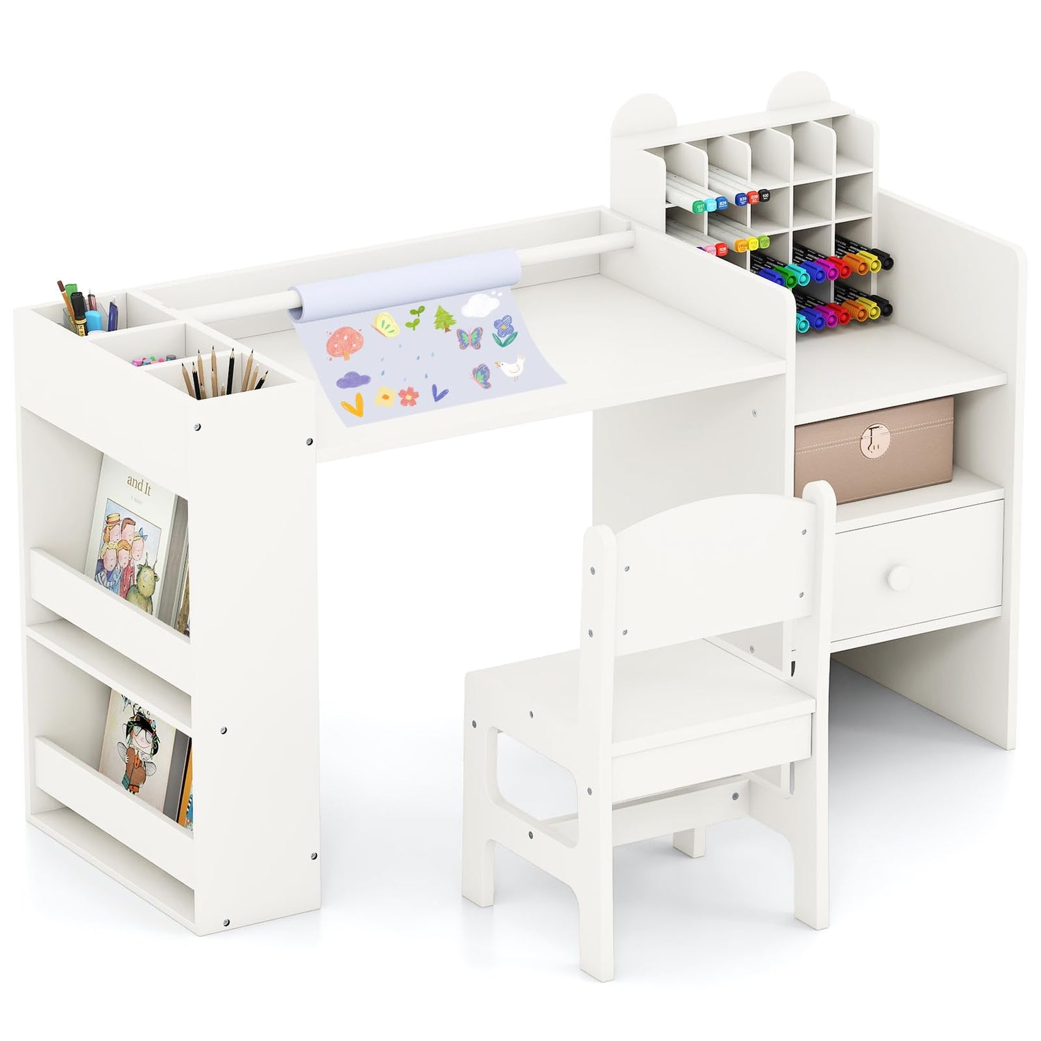 Wooden Toddler Craft Desk with Removable Paper Roll Holder & Cubby Cabinet