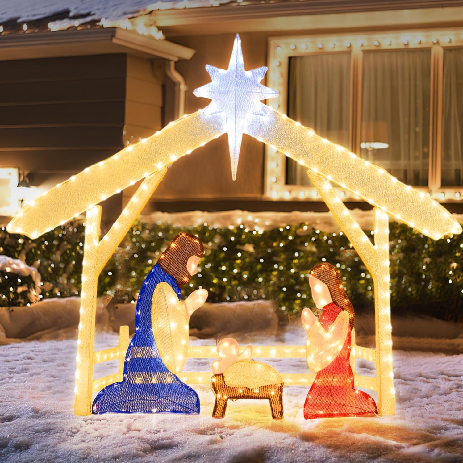 Pre-lit Christmas Holy Family Set with 272 Warm and Cold White LED Lights