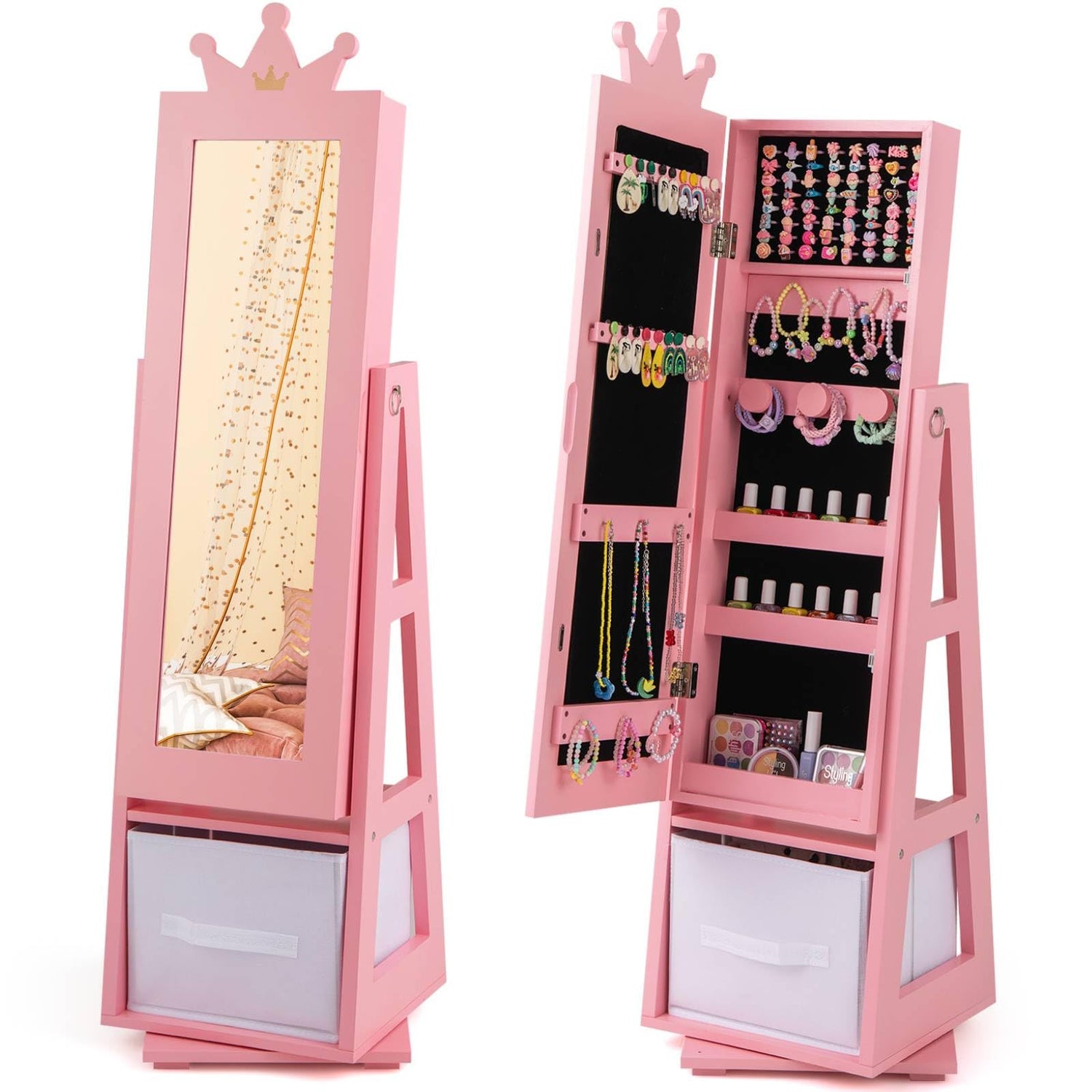 GYMAX Freestanding Girls Jewelry Organizer with Full-Length Mirror