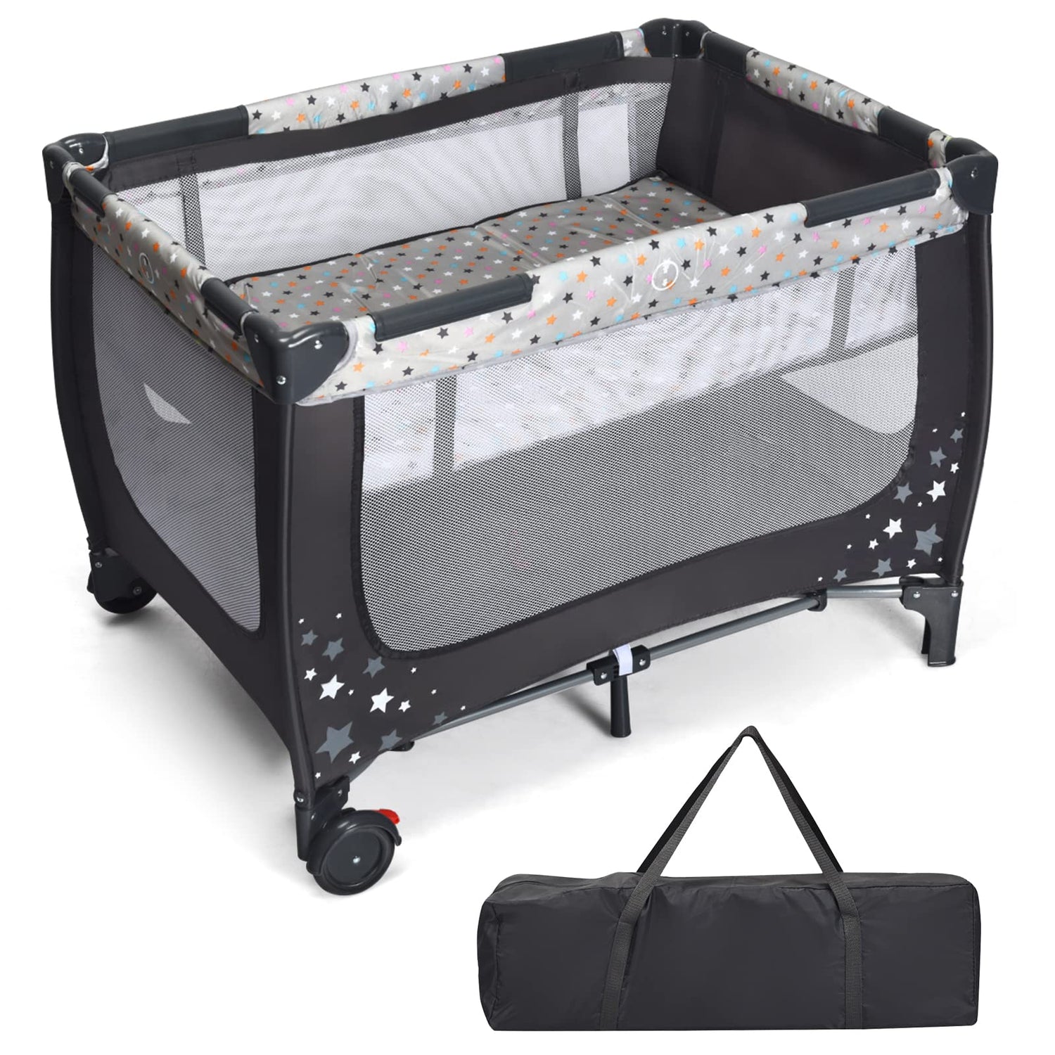 2-in-1 Foldable Baby Playpen with Lockable Wheels and Mattress