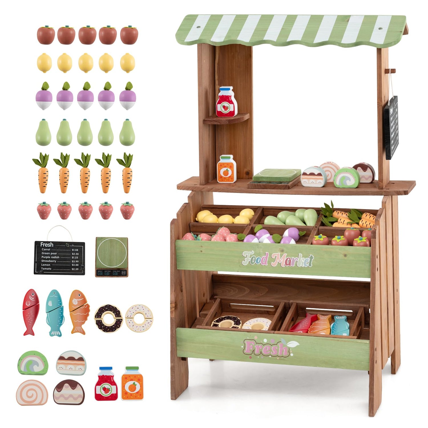Wooden Kids Grocery Store Playset with Chalkboard | Indoor Outdoor Farm Market Stand