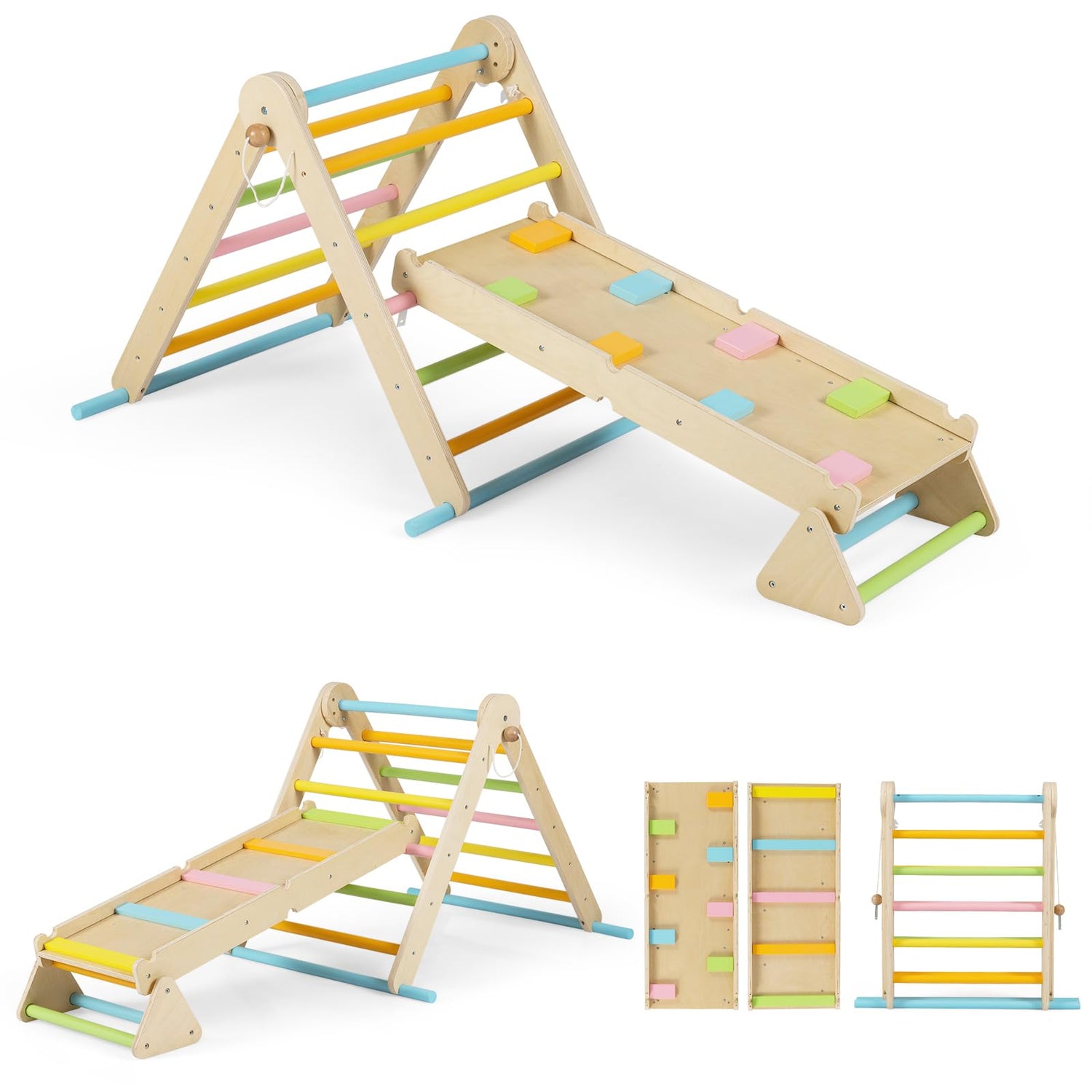 3-in-1 Pikler Triangle Climbing Set with Dual-Side Ramp and Adjustable Climbing Triangle