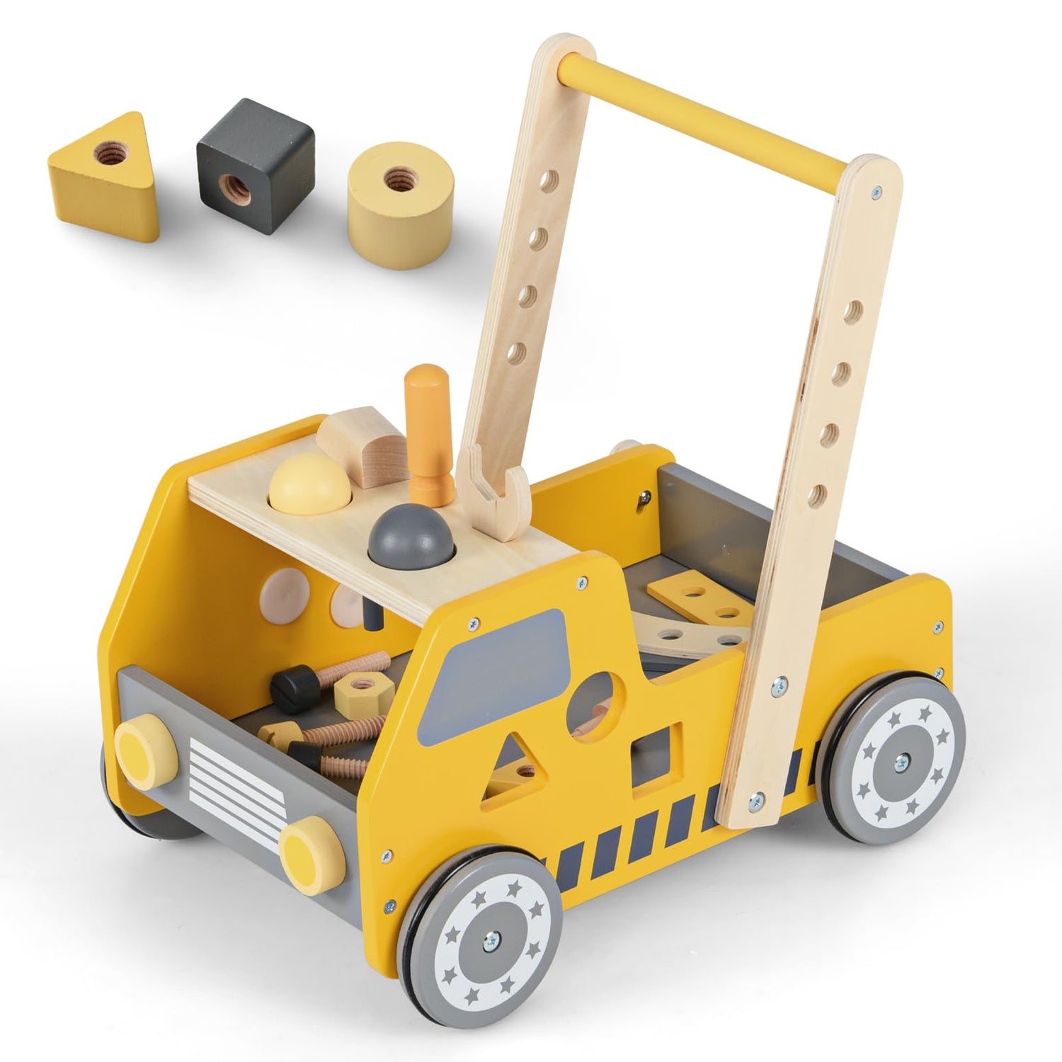 GYMAX Wooden Baby Walker, 2-in-1 Toddler Push Along Toy