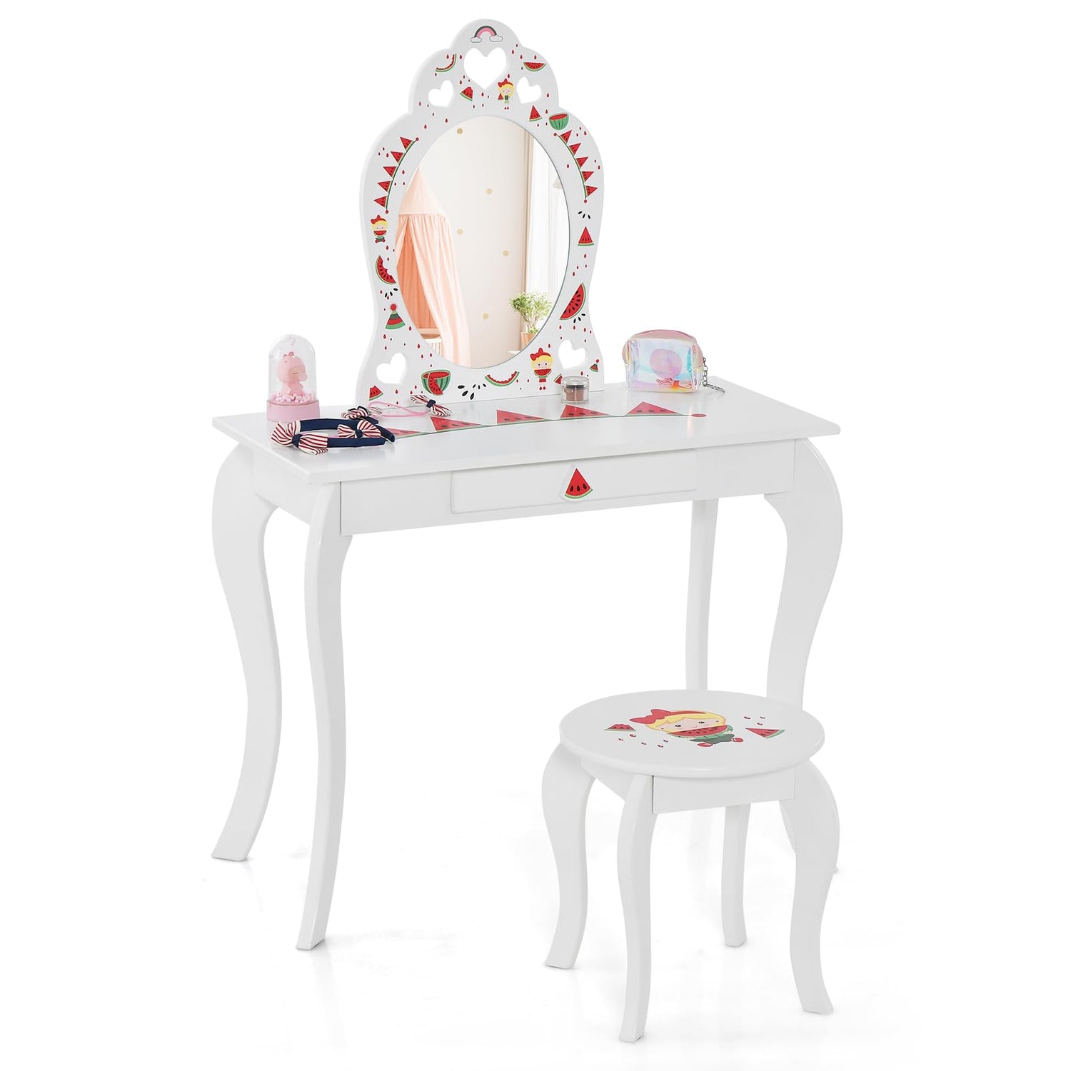 GYMAX Kids Vanity Table and Stool Set