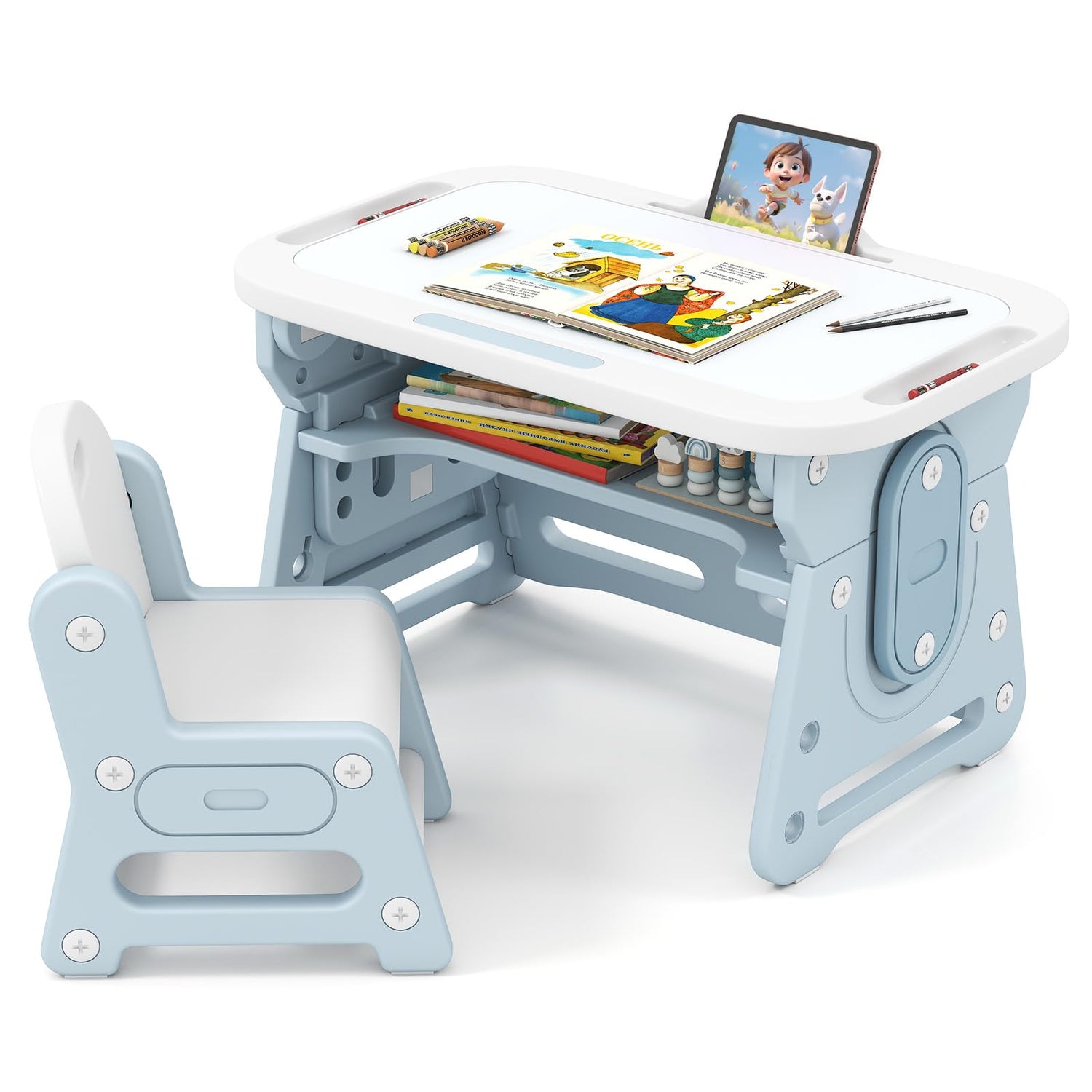 Kids Table and Chair Set with Tiltable Whiteboard and Book Stand