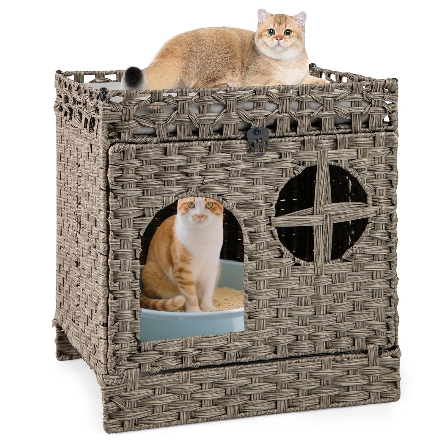 Foldable 2-tier Rattan Cat Litter Box Enclosure with Litter Mat