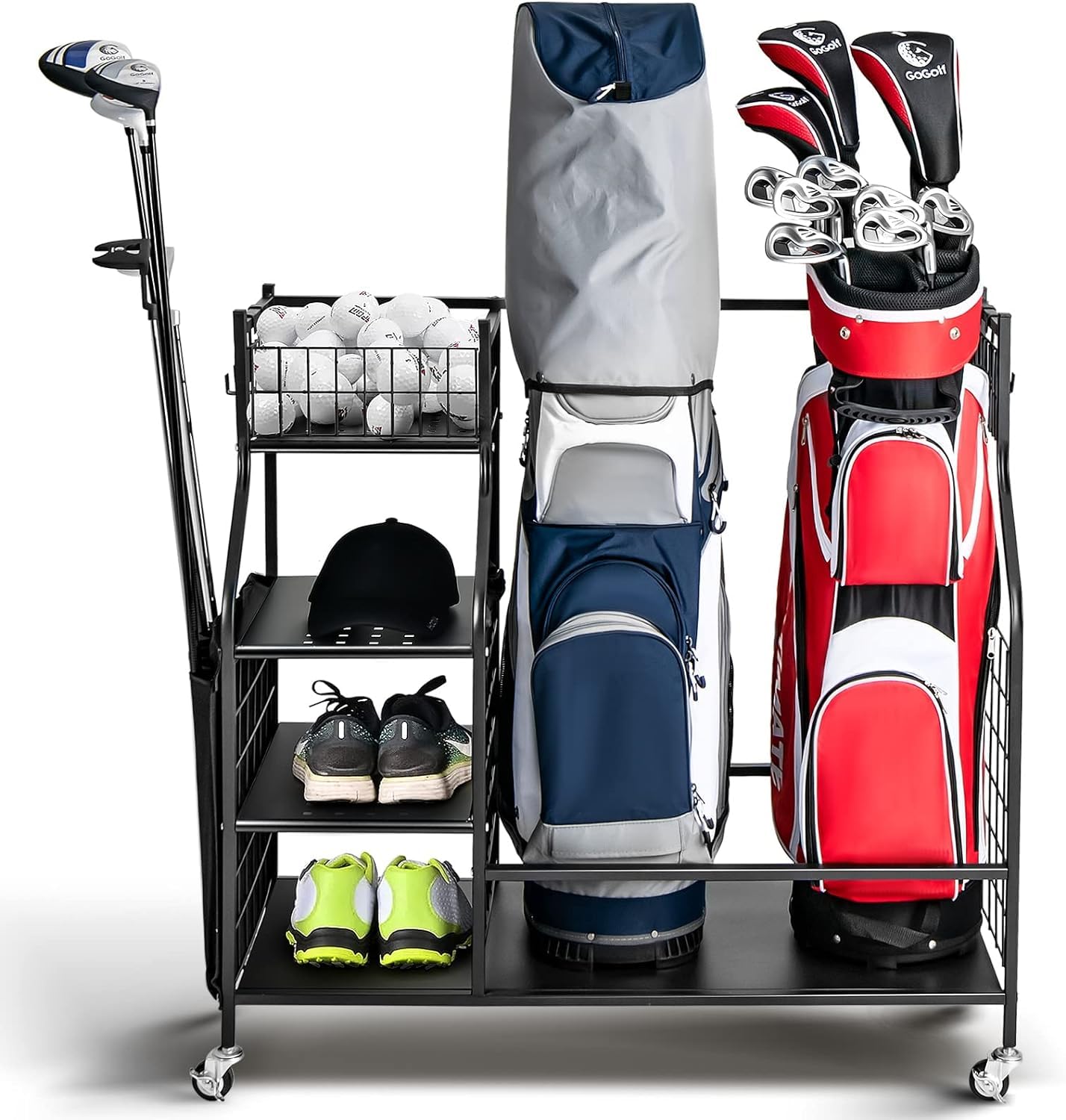 GYMAX Golf Storage Rack, Extra Large Golf Bag Stand with 4 Lockable Universal Wheels