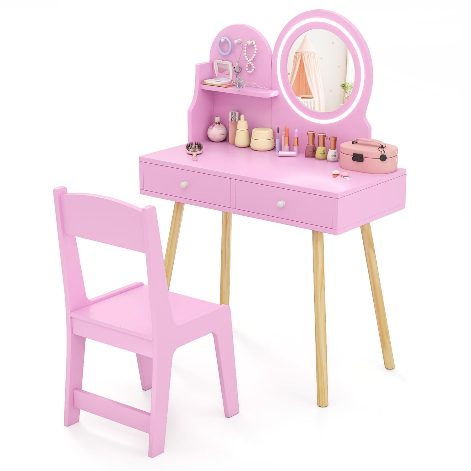 GYMAX Kids Vanity Table and Chair with 2-Color LED Lighted Mirror