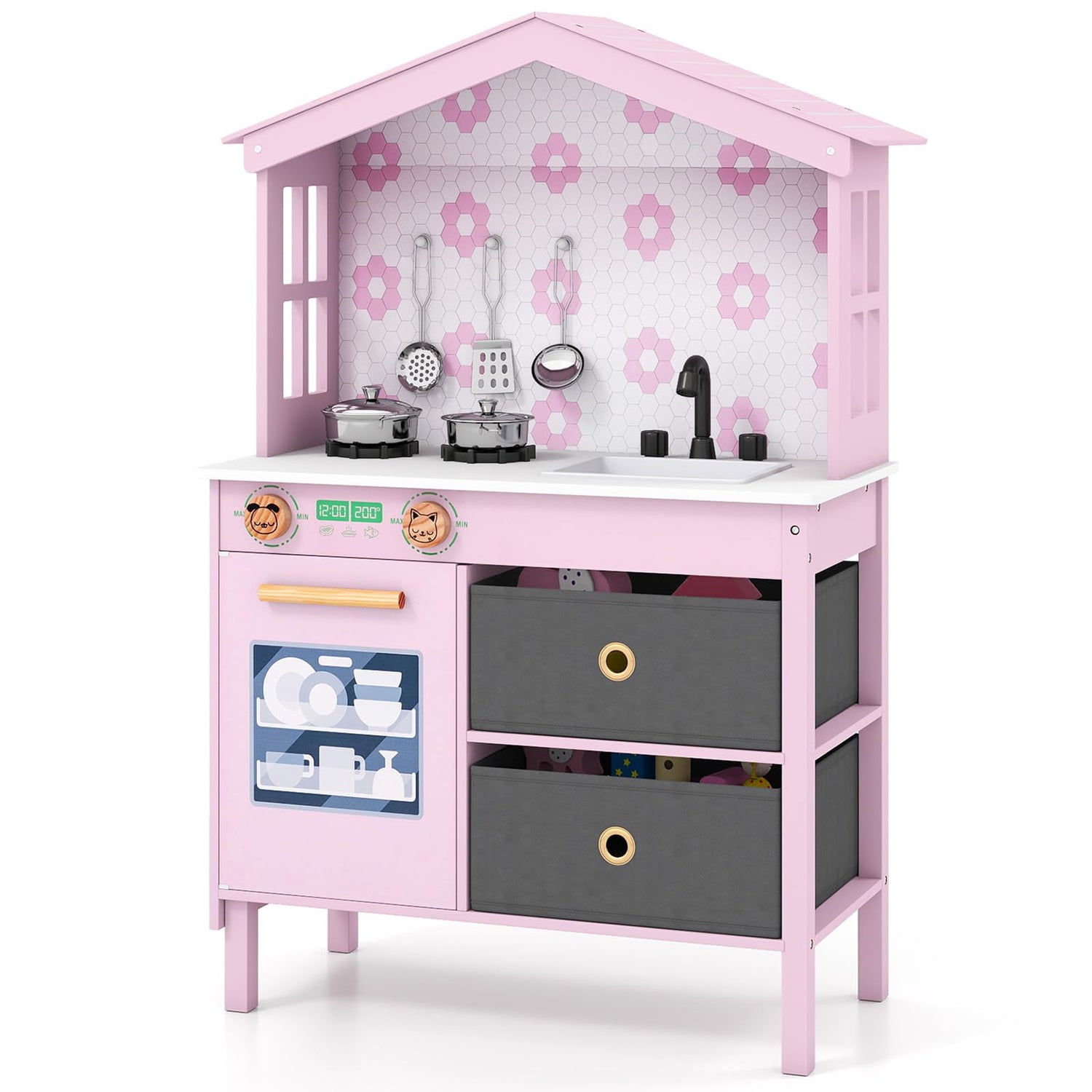 Kids Play Kitchen with 2 Stoves and Drawers and Dishwasher