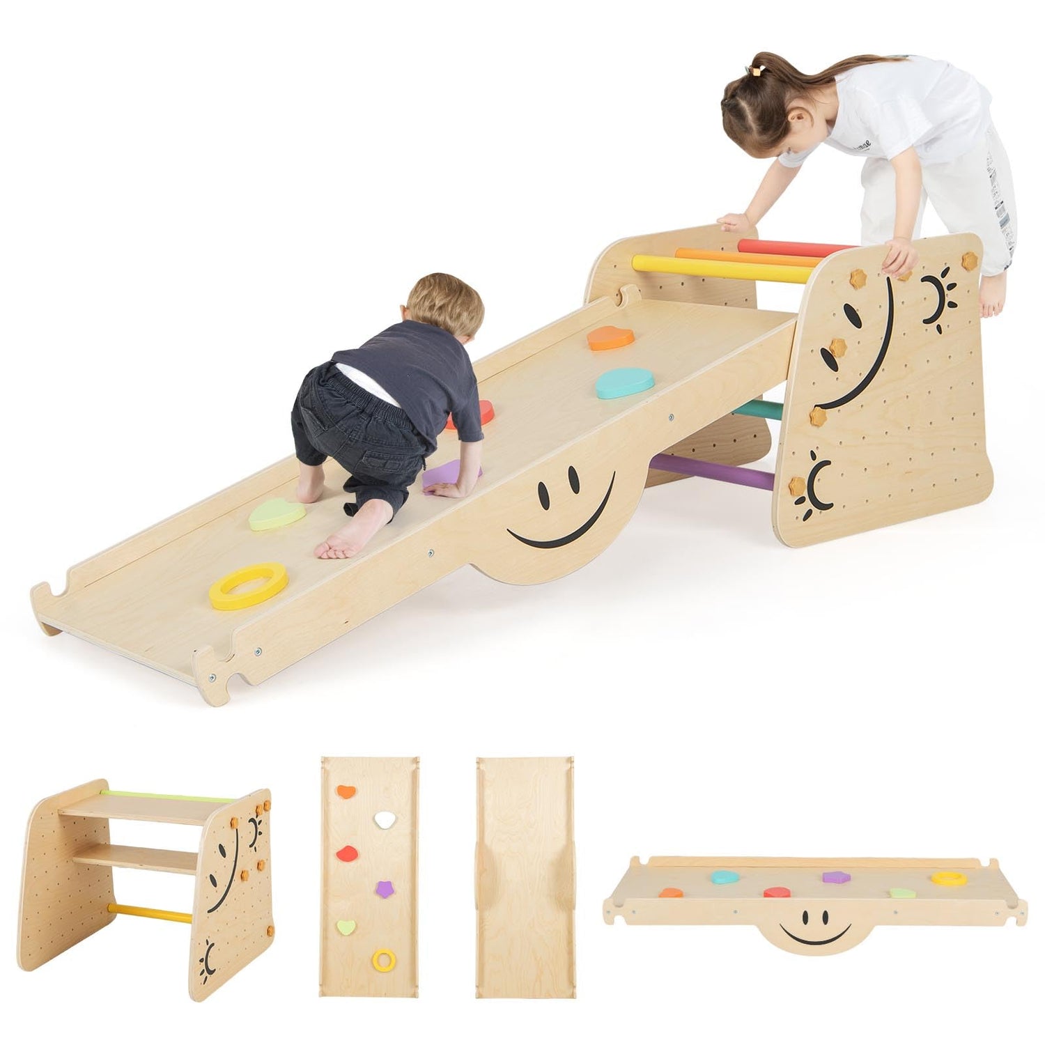 GYMAX 6 in 1 Kids Climbing Set, Wooden Toddler Climbing Frame