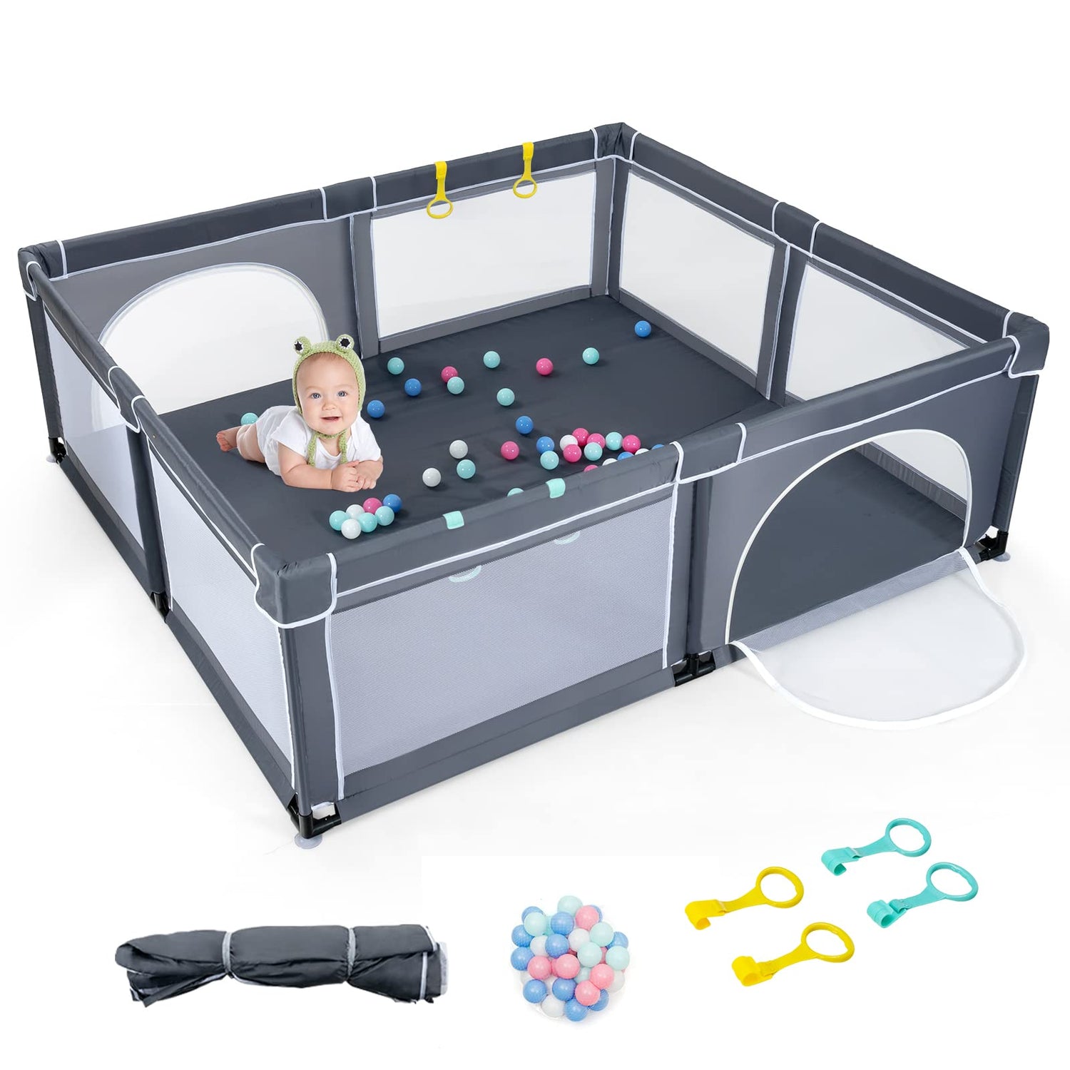 GYMAX Baby Playpen, 206 x 186cm Large Toddler Fence Play Yard with 50 Ocean Balls