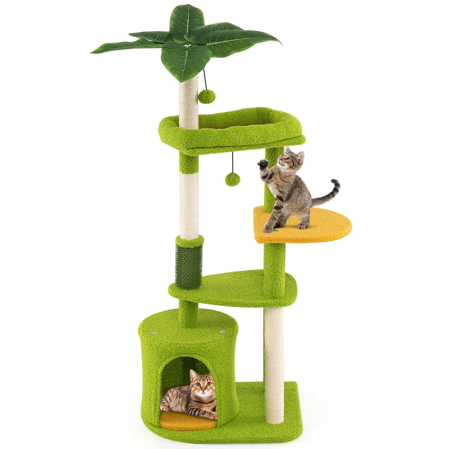 Cute Cat Tree for Adult Cats Multi-level Kitty Tower with Artificial Leaves