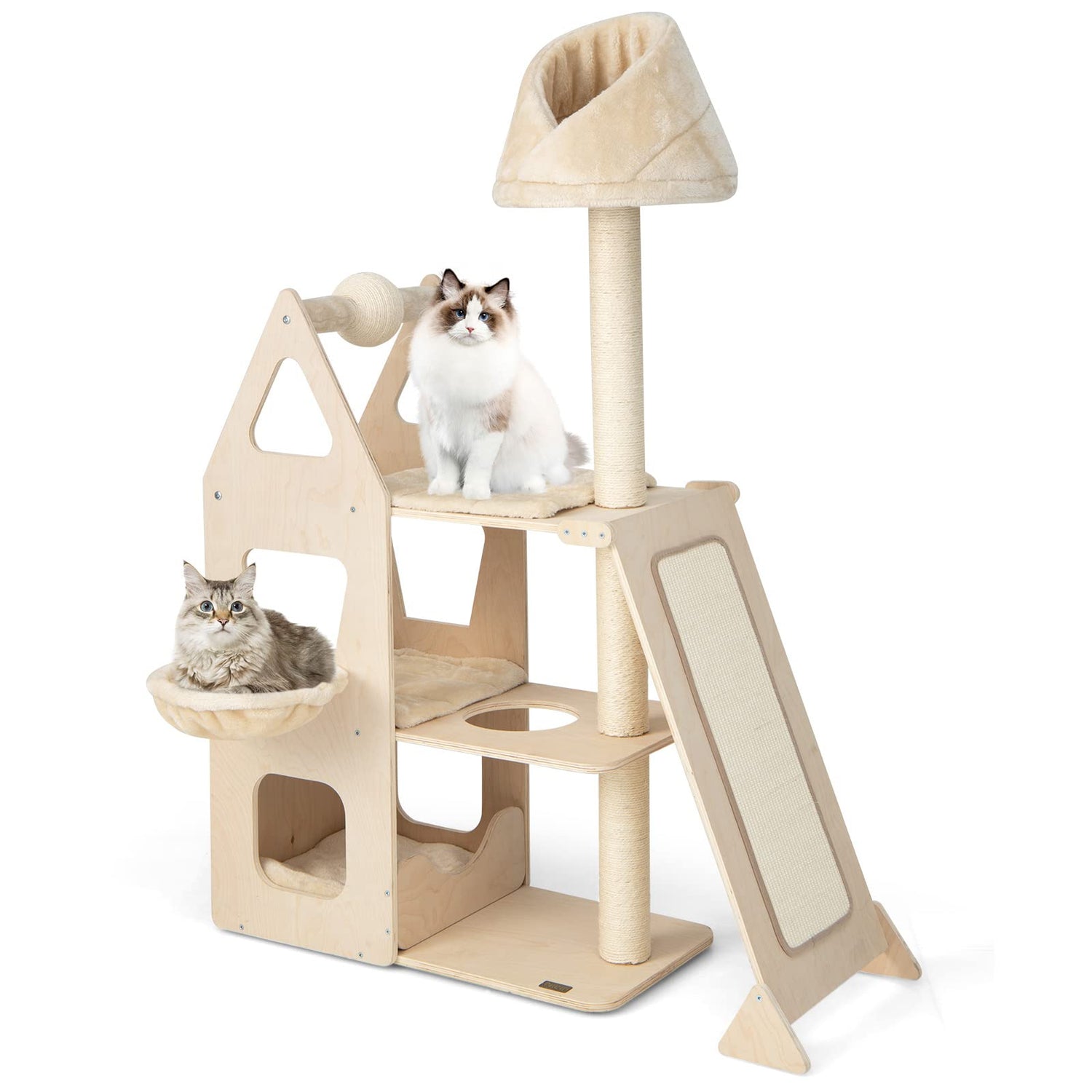 GYMAX Wooden Cat Tree, 156cm Tall Cat Tower with Condo, Basket Bed