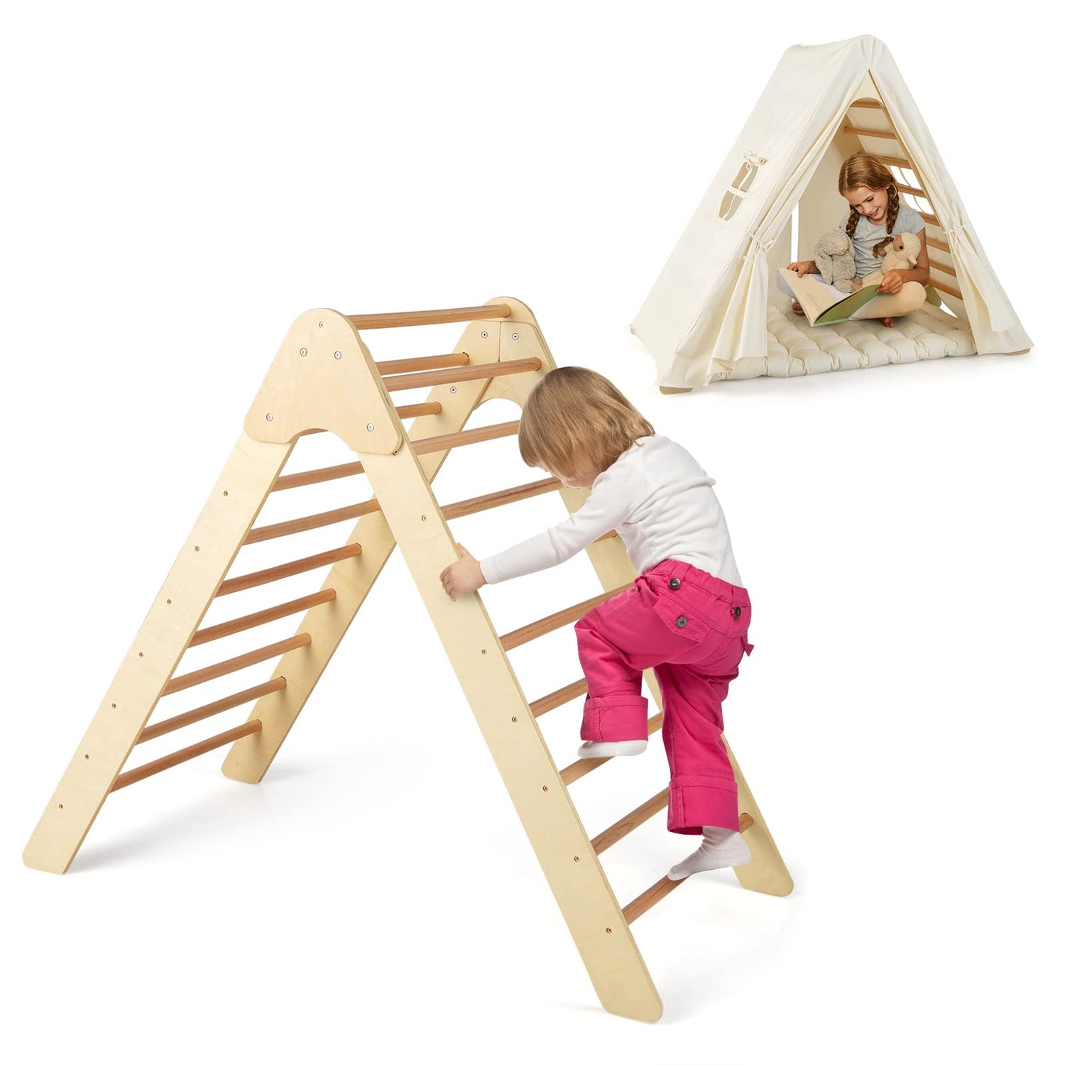 GYMAX Kids Climbing Set, 2 in 1 Wooden Play Tent