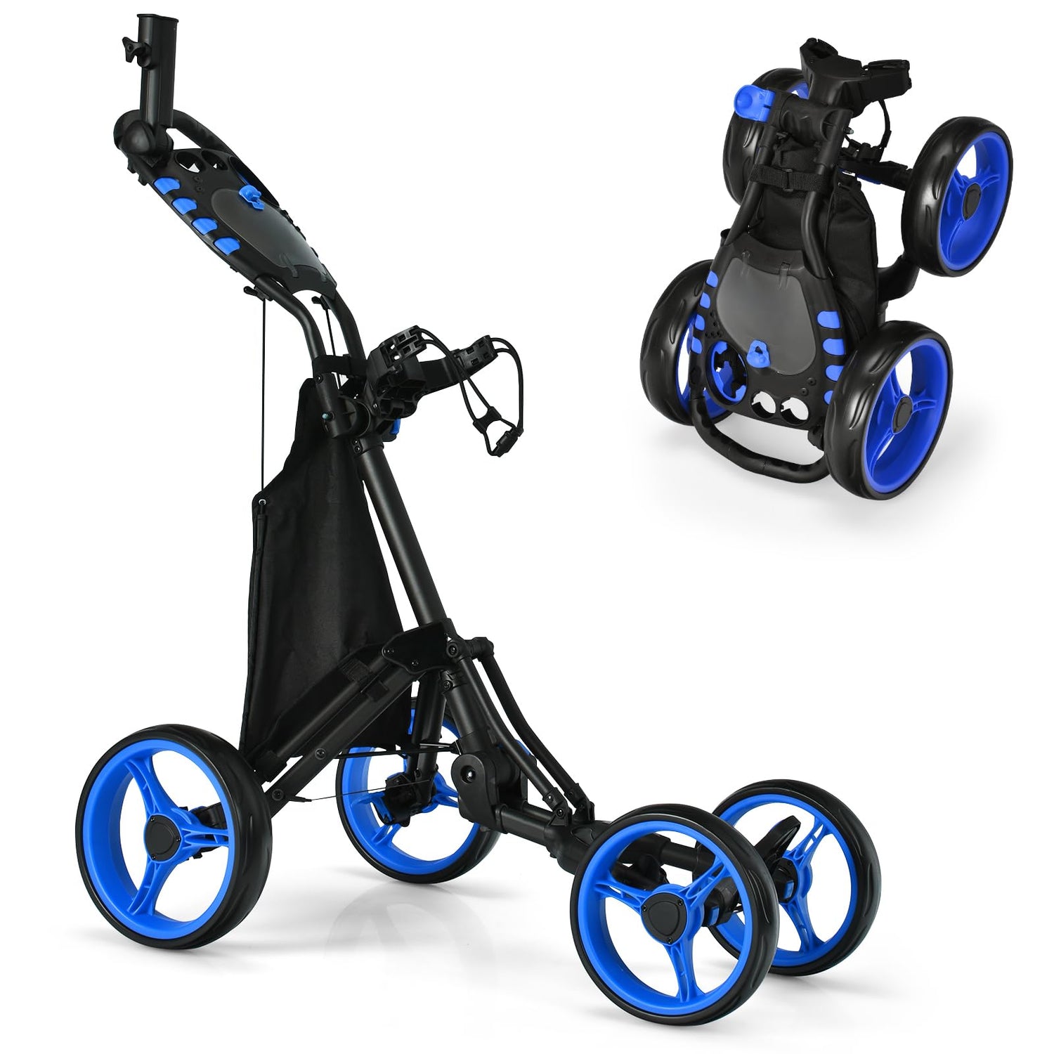 GYMAX 4 Wheels Golf Push Pull Cart, Lightweight Golf Trolley with Storage Bag
