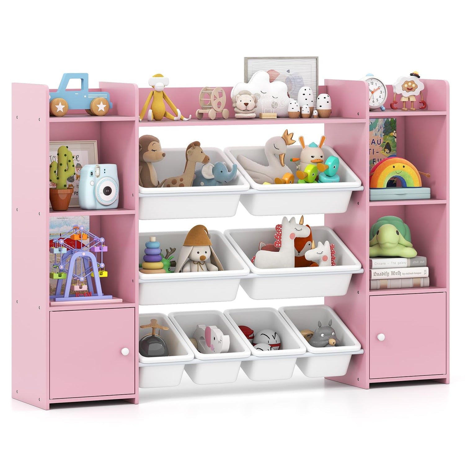 142 cm Large Toy Storage Organizer with 8 Removable Bins and Bookshelf