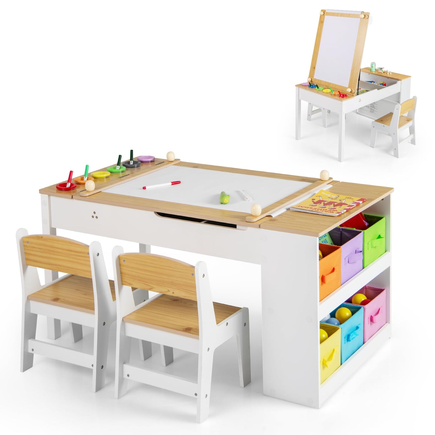 Kids Wooden Toddler Craft Easel Desk with 2-Tier Open Shelf