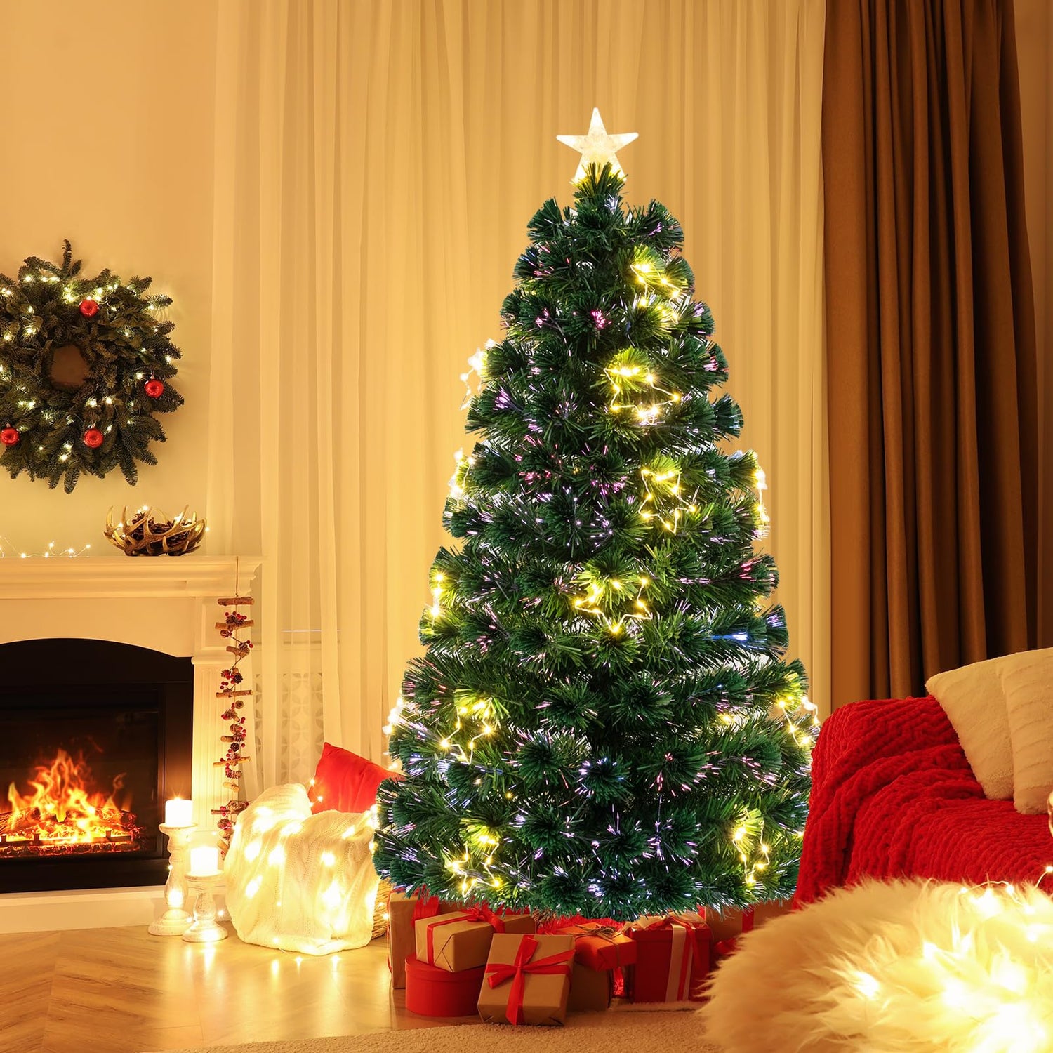 4FT/5FT Pre-Lit Christmas Tree, Fiber Optic Artificial Xmas Trees