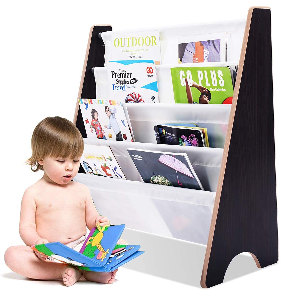 GYMAX Children Sling Bookcase with Fabric Shelves
