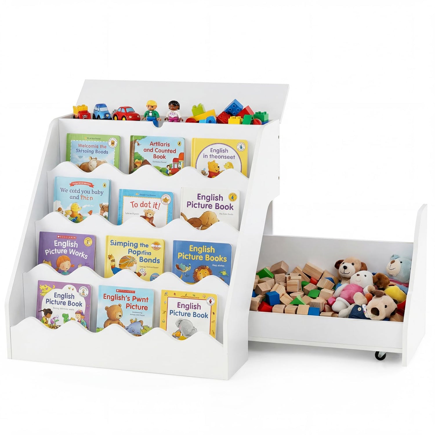 Kids Bookshelf, Wooden Toddler Book Toy Storage Organizer with Rolling Drawer Cart