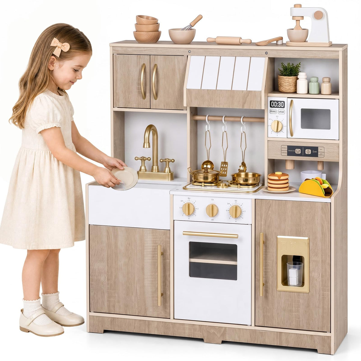 Kids Play Kitchen, Wooden Toy Kitchen with Stoves, Ice Maker, Oven