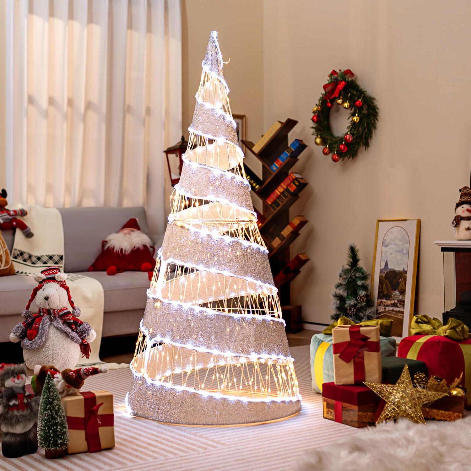 GYMAX 5FT Light Up Christmas Tree, Pre-Lit Xmas Spiral Cone Tree