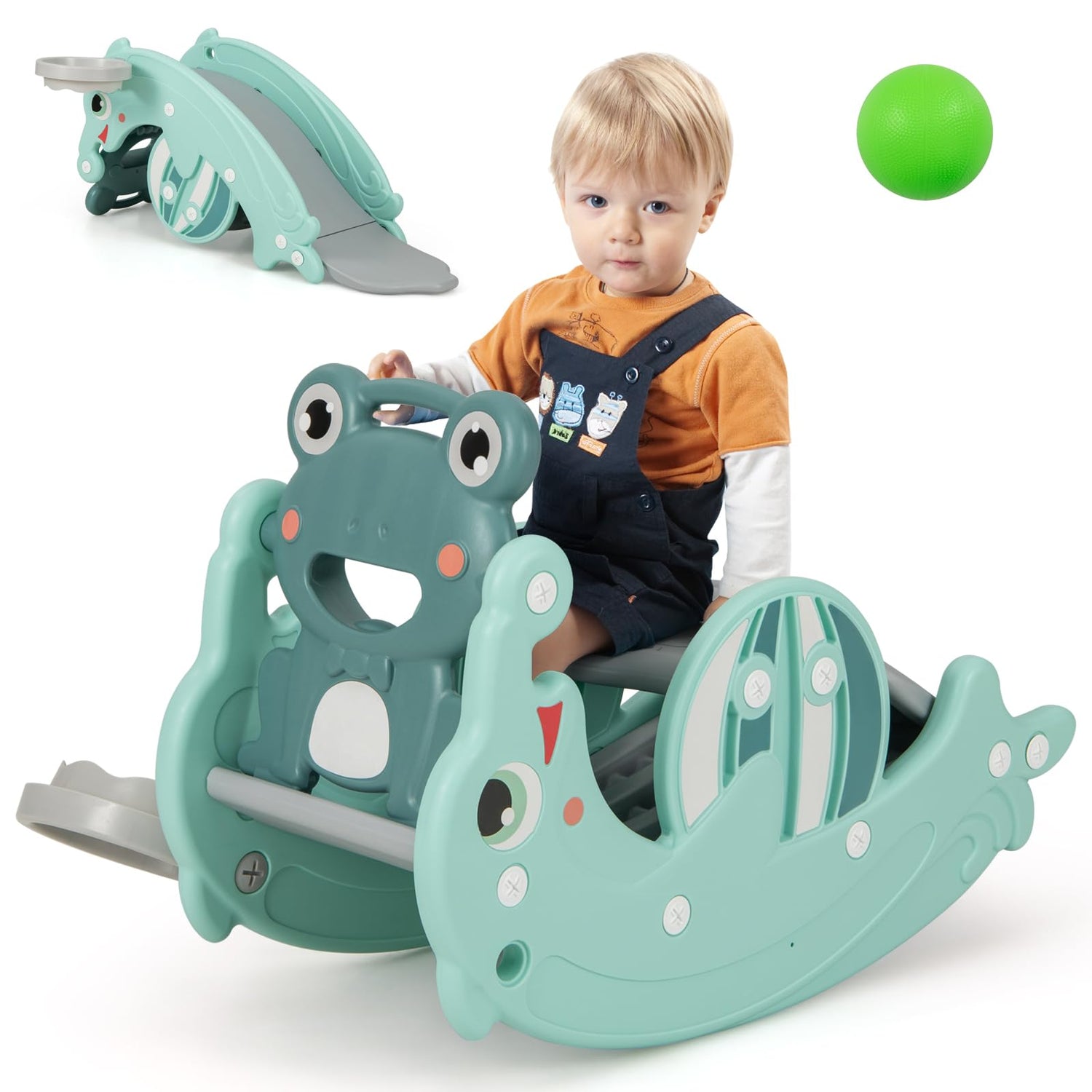 GYMAX Kids Rocking Horse, 3 in 1 Freestanding Slide with Basketball Hoop