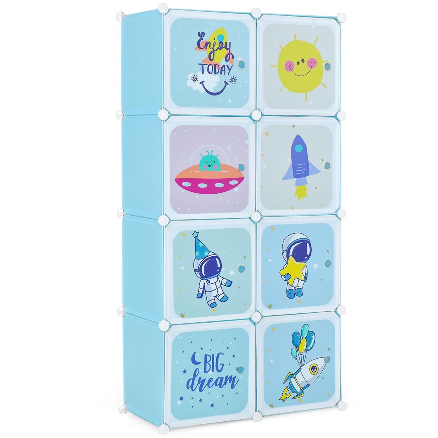 GYMAX Cartoon Clothes Closet, Portable Kids Wardrobe with Hanging Section( 8 Cubes Space: 74 x 36 x 144cm)