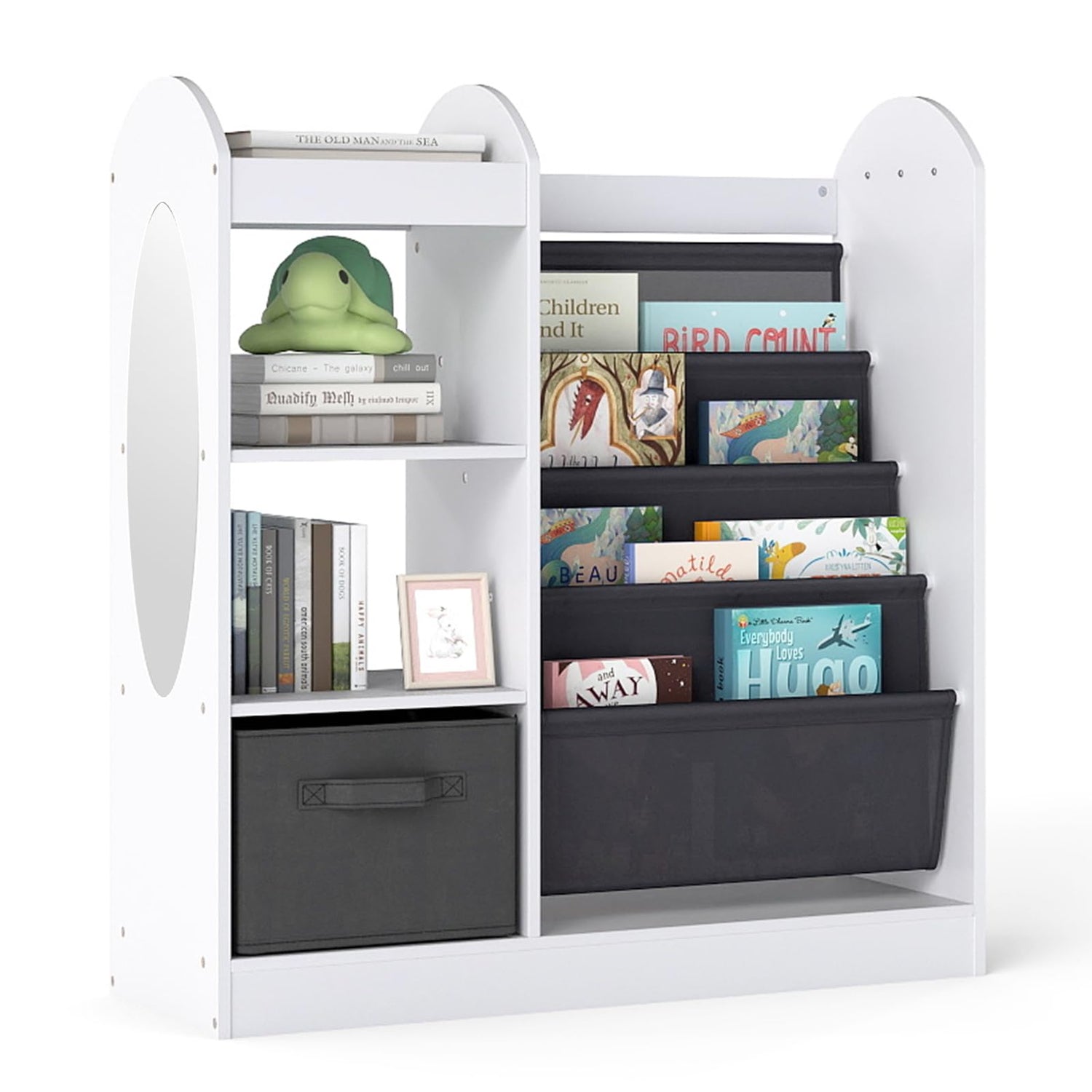 Kids Bookshelf, Toy Storage Organizer with Full-Length Mirror