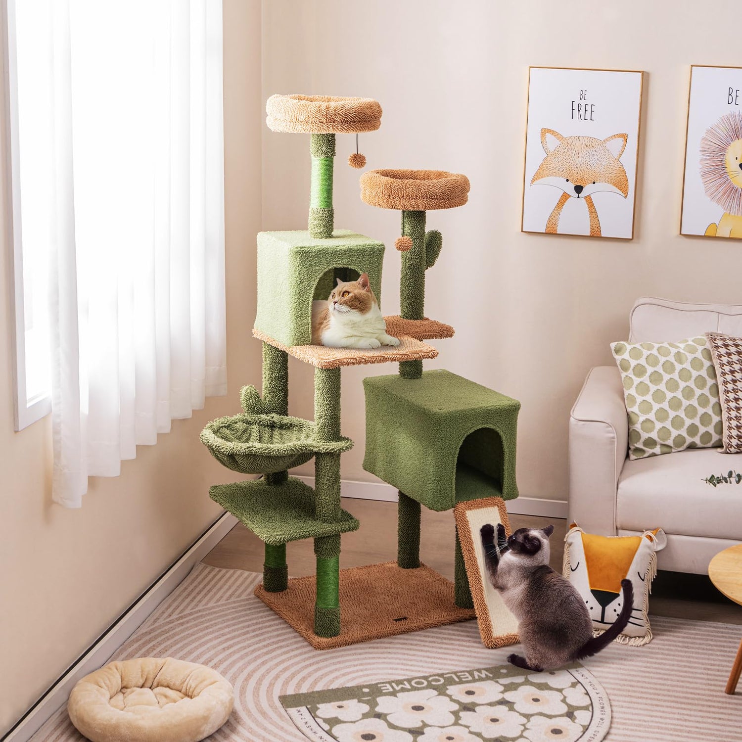GYMAX Cactus Cat Tree, 160cm Tall Cat Tower with Sisal Scratching Posts, 2 Perches, 2 Cat Condos, Hammock