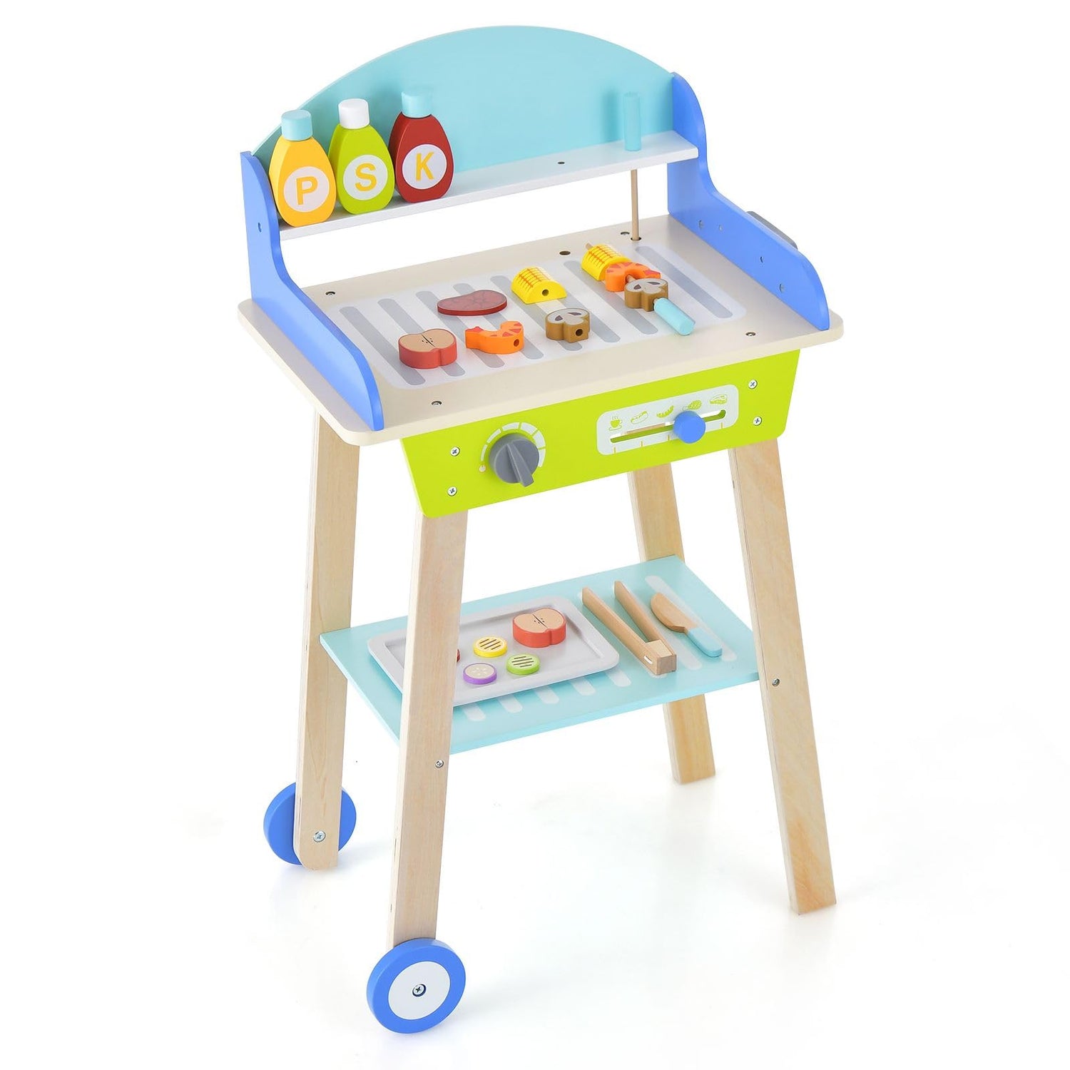 GYMAX Wooden Kid’s Pretend BBQ Grill Play Set with Play Food
